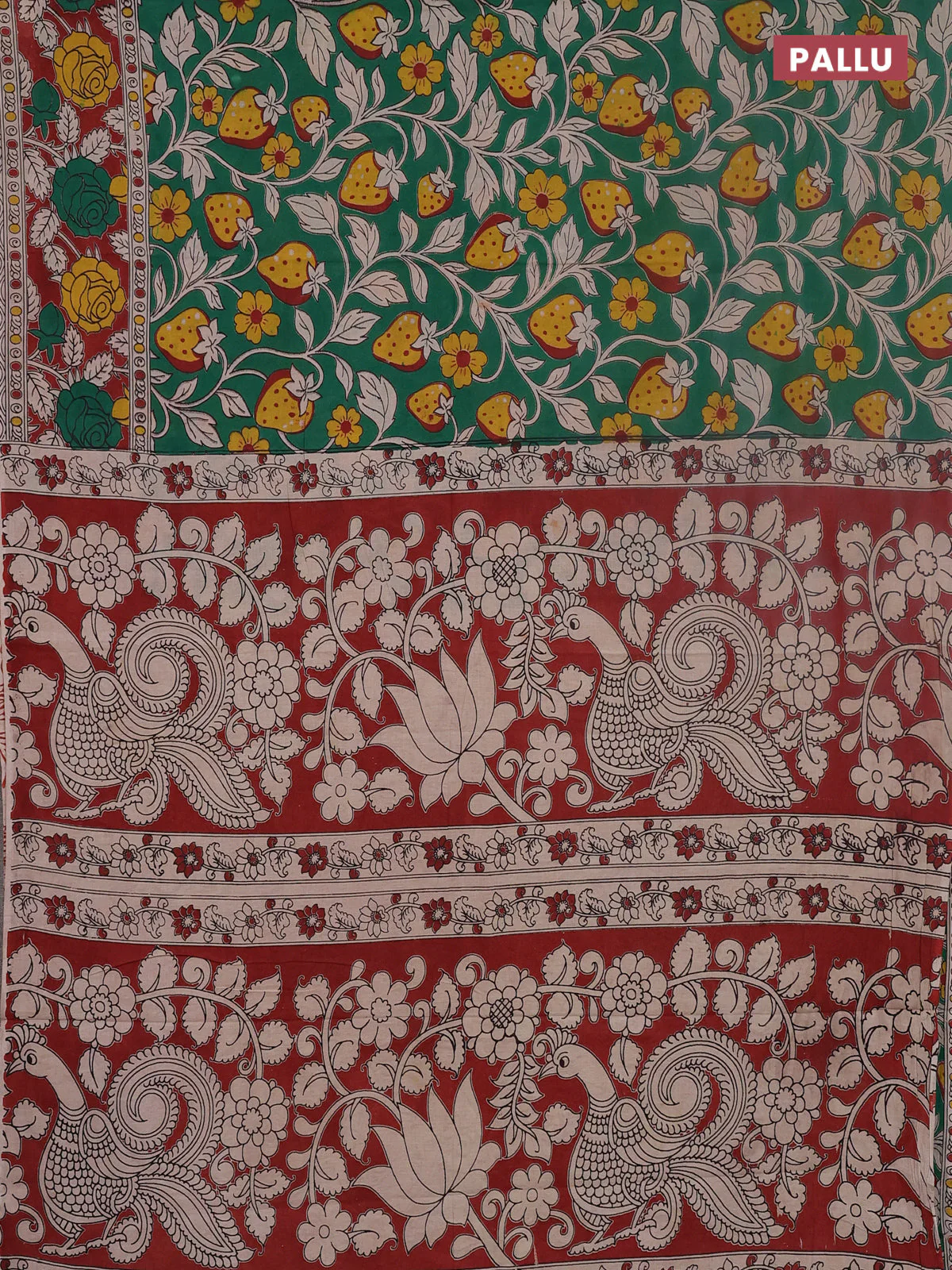 Kalamkari cotton saree green and rust shade with allover prints and printed border - Image 3