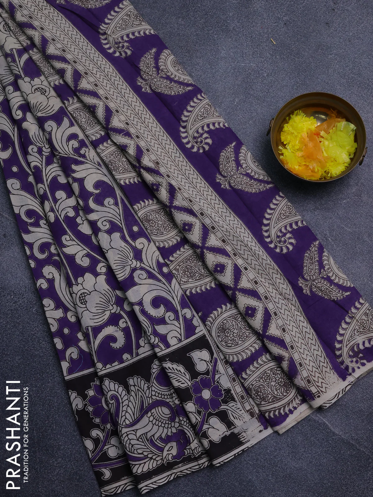 Kalamkari cotton saree lavender and black with allover floral prints and printed border