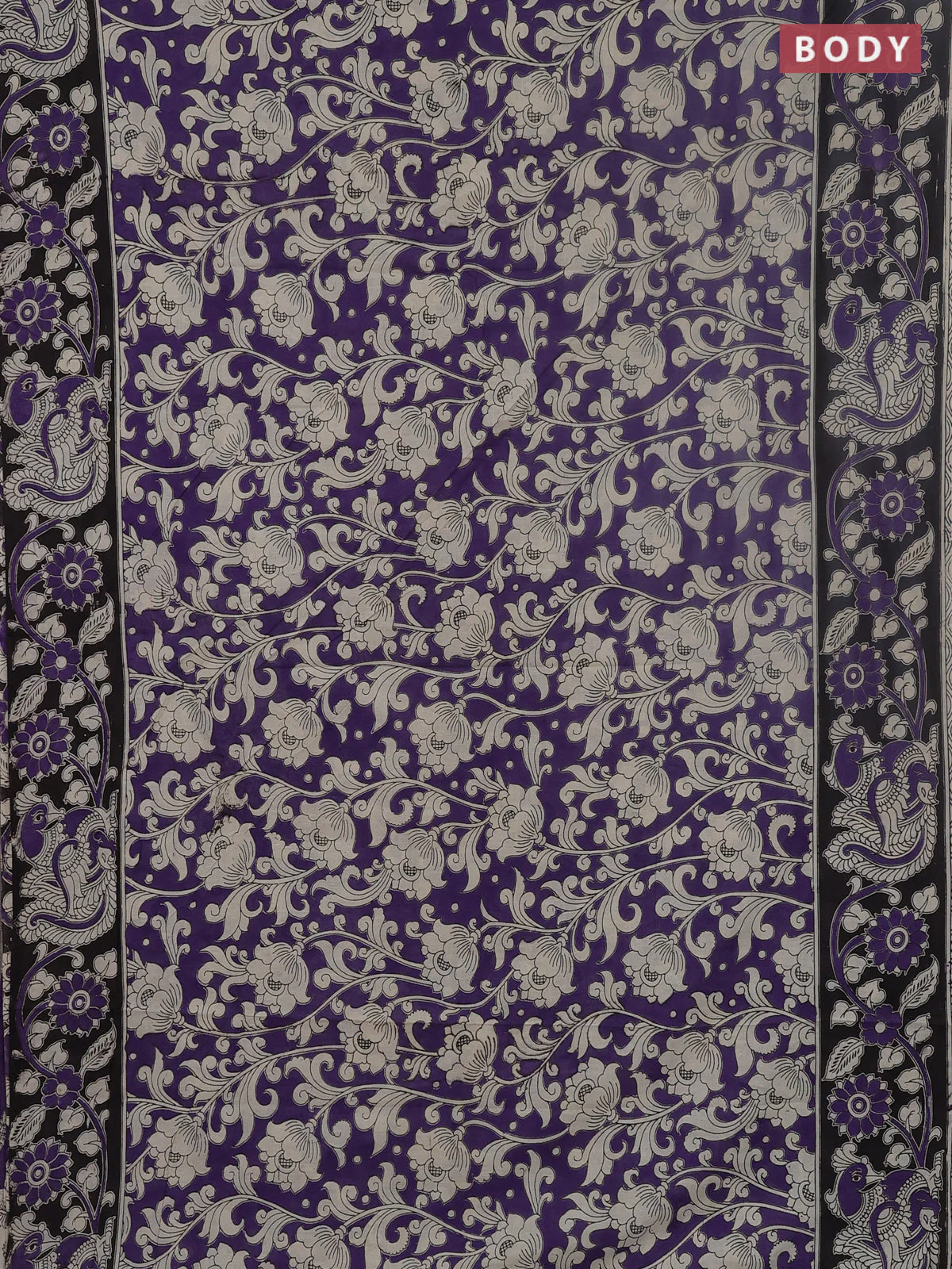 Kalamkari cotton saree lavender and black with allover floral prints and printed border - Image 2