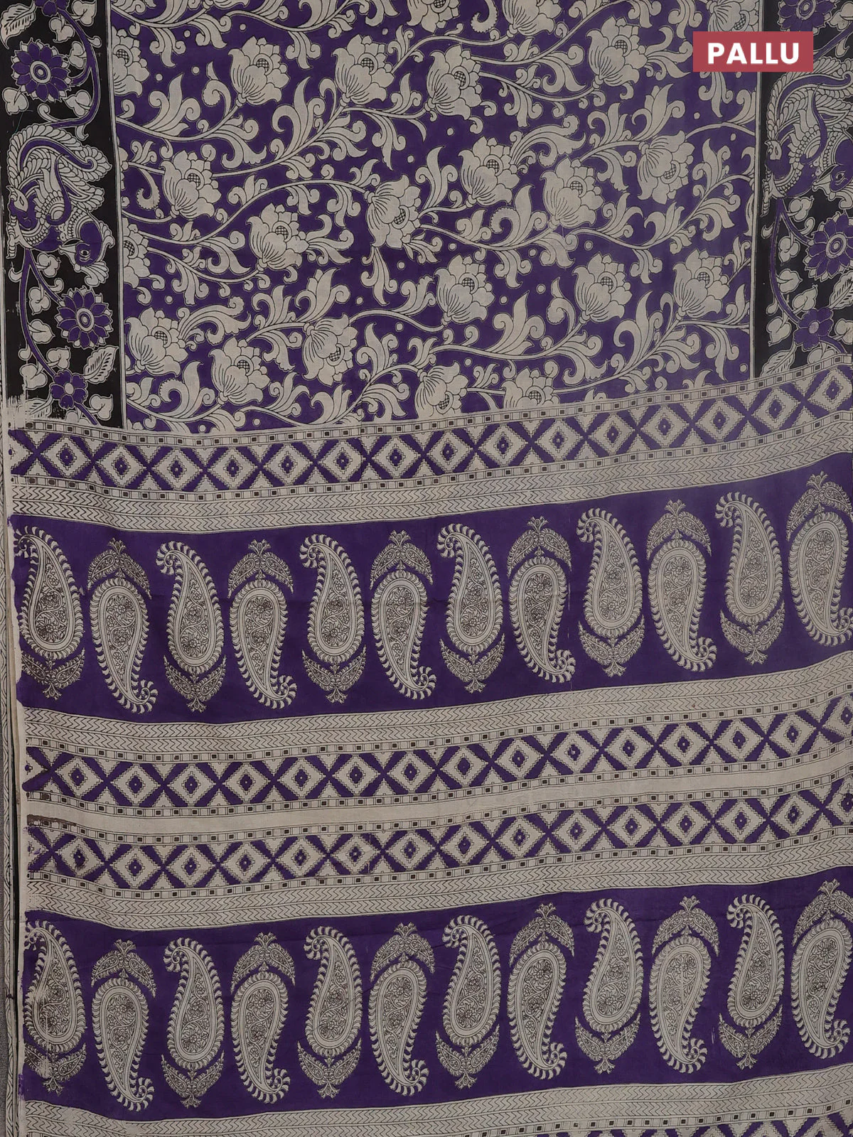 Kalamkari cotton saree lavender and black with allover floral prints and printed border - Image 3