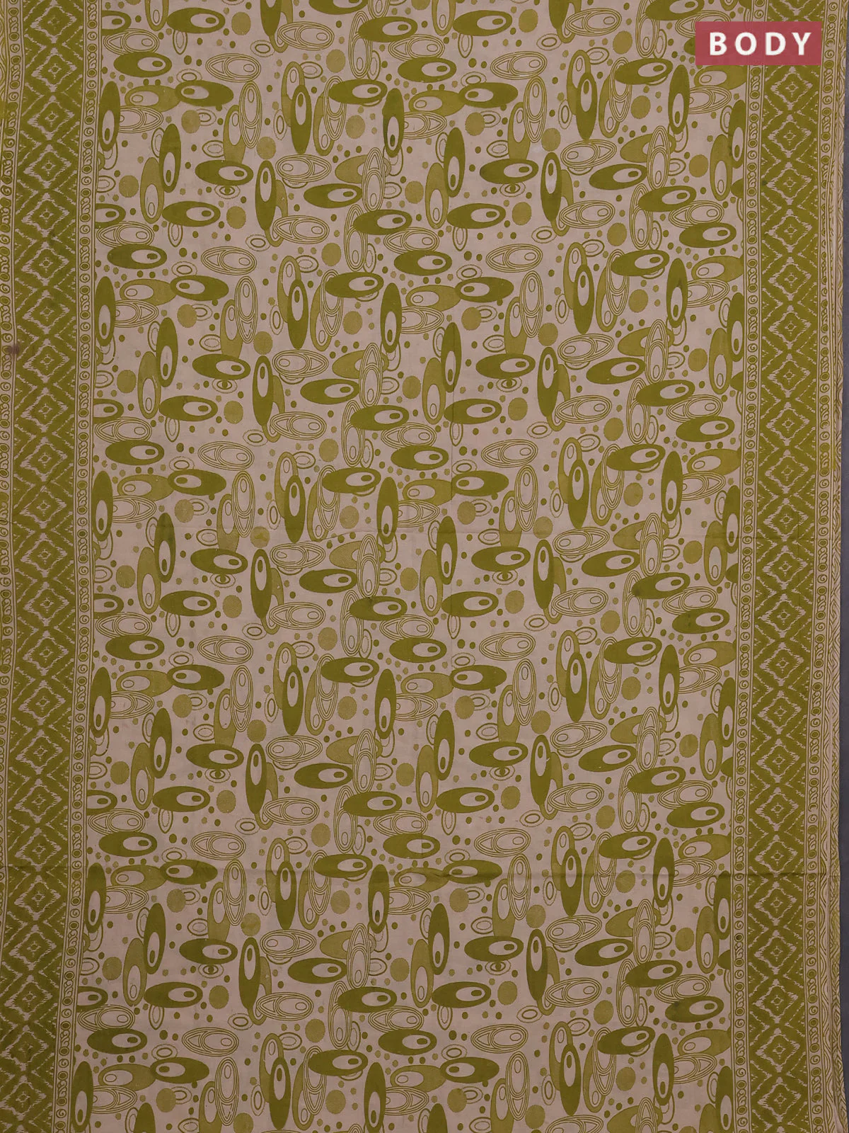 Kalamkari cotton saree light green and beige with allover geomatric prints and printed border - Image 2