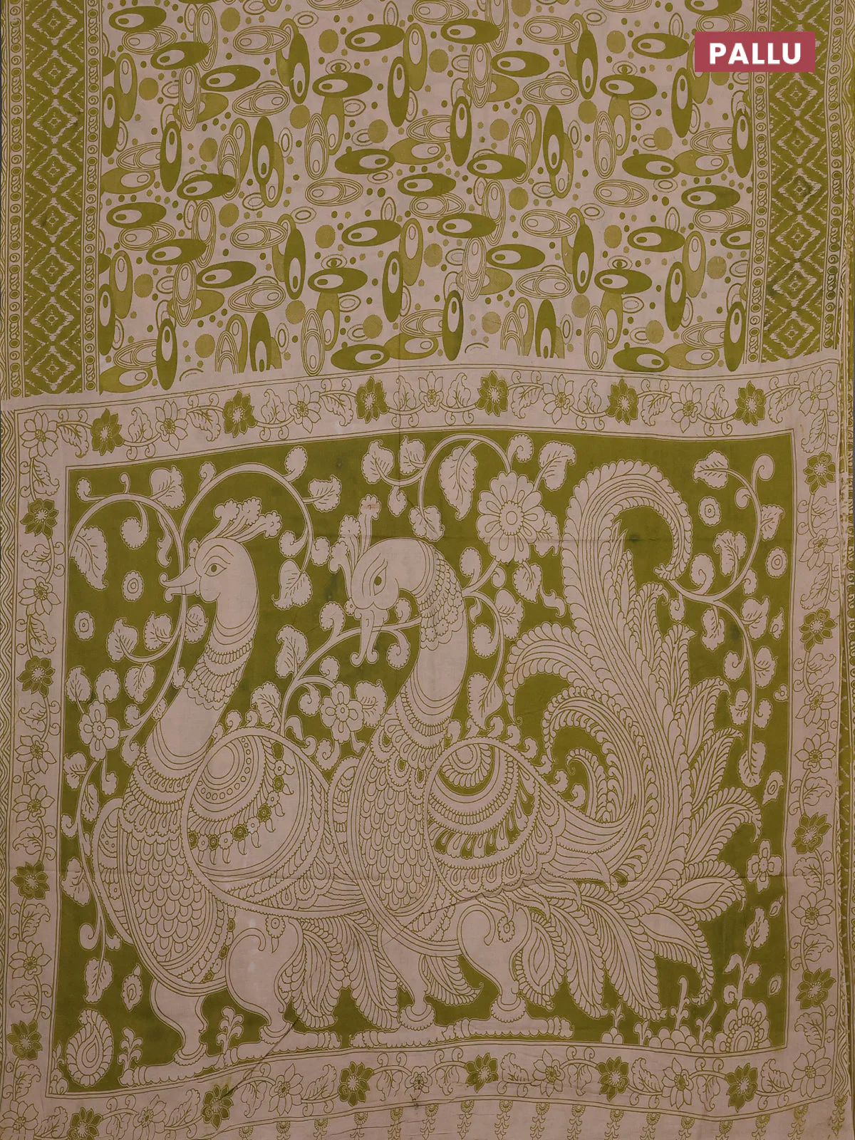 Kalamkari cotton saree light green and beige with allover geomatric prints and printed border - Image 3