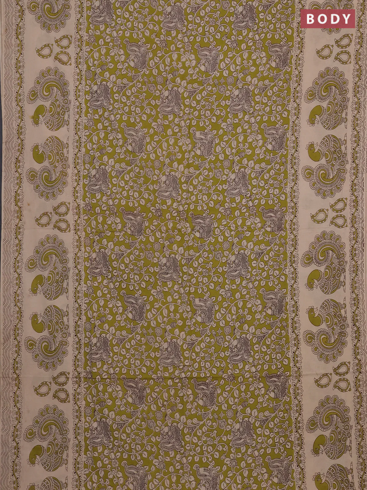 Kalamkari cotton saree light green and beige with allover prints and long printed border - Image 2