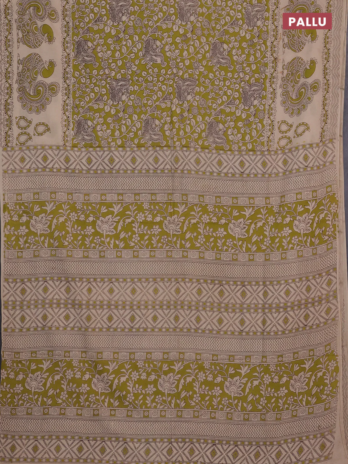 Kalamkari cotton saree light green and beige with allover prints and long printed border - Image 3