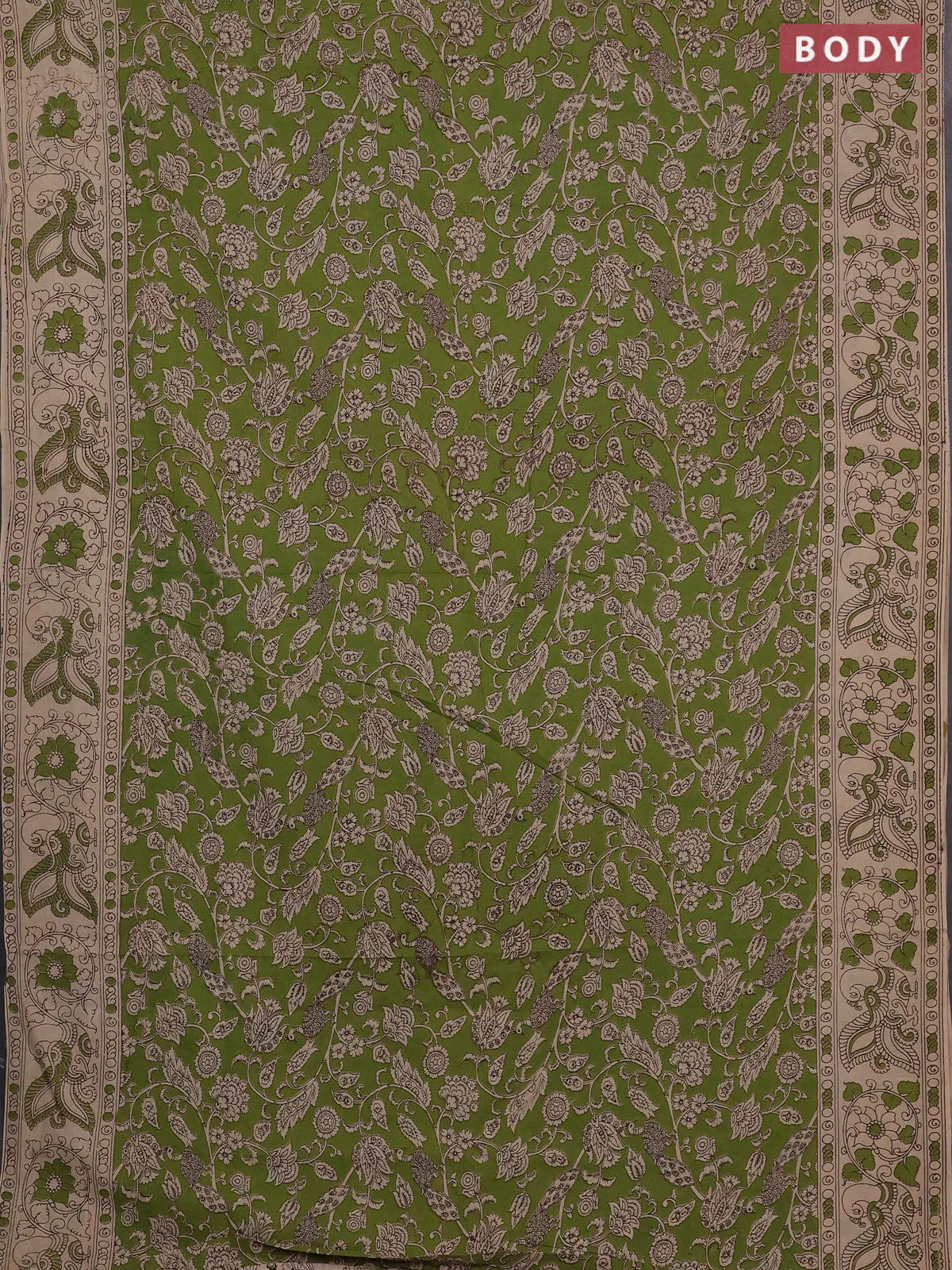 Kalamkari cotton saree light green and beige with allover prints and printed border - Image 2