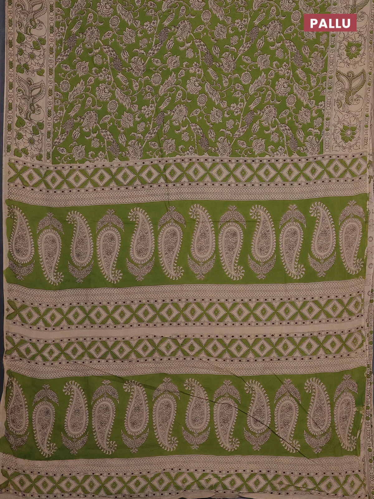 Kalamkari cotton saree light green and beige with allover prints and printed border - Image 3