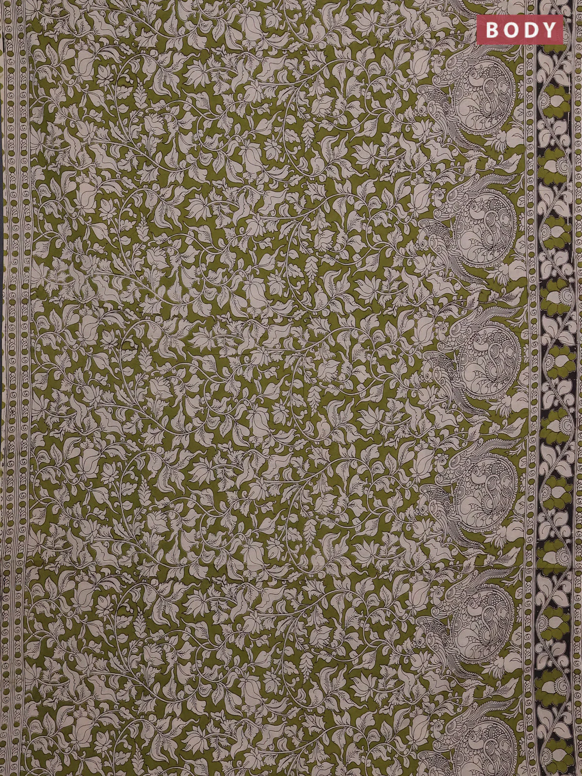 Kalamkari cotton saree light green and black with allover prints and printed border - Image 2