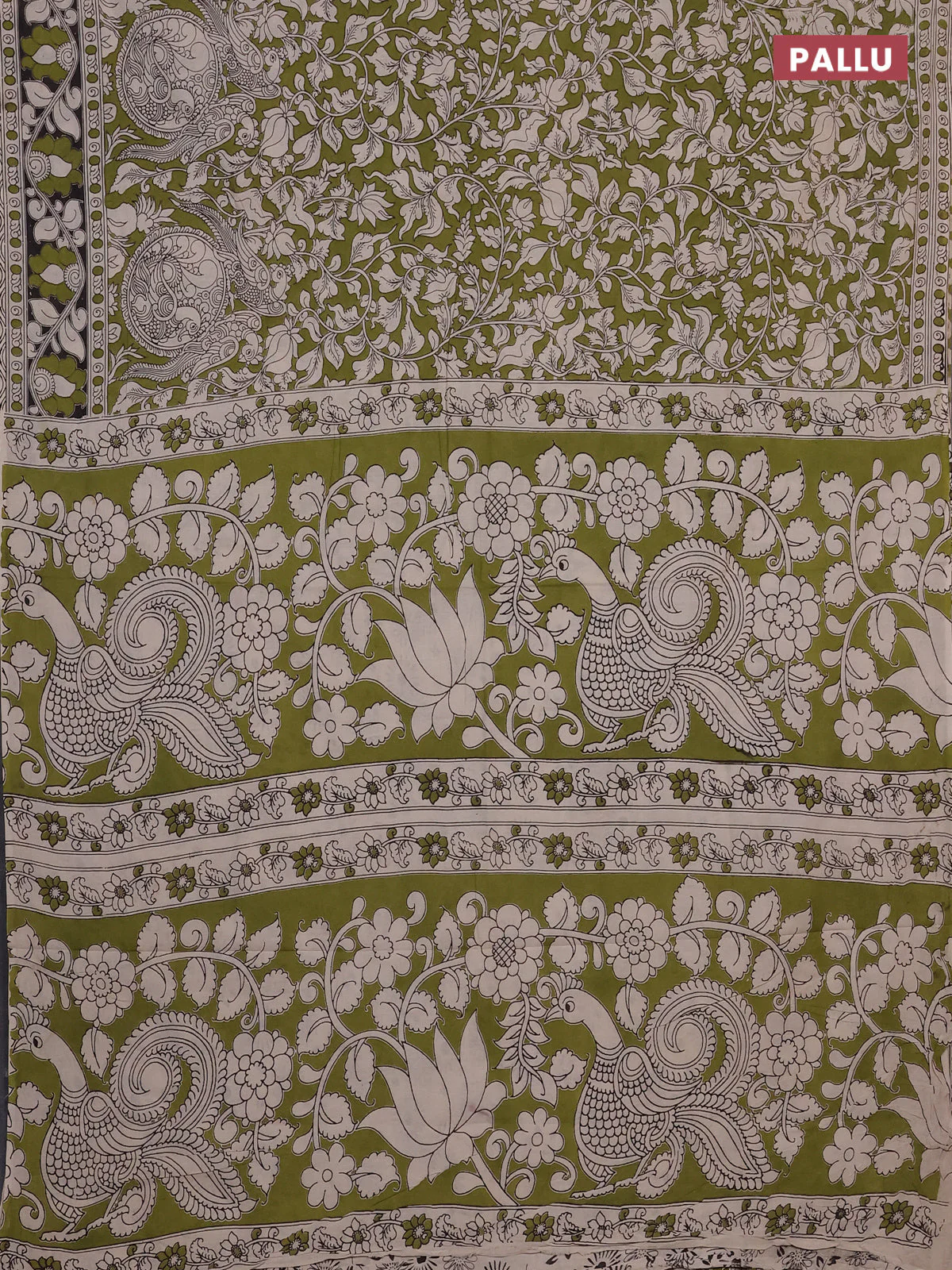 Kalamkari cotton saree light green and black with allover prints and printed border - Image 3