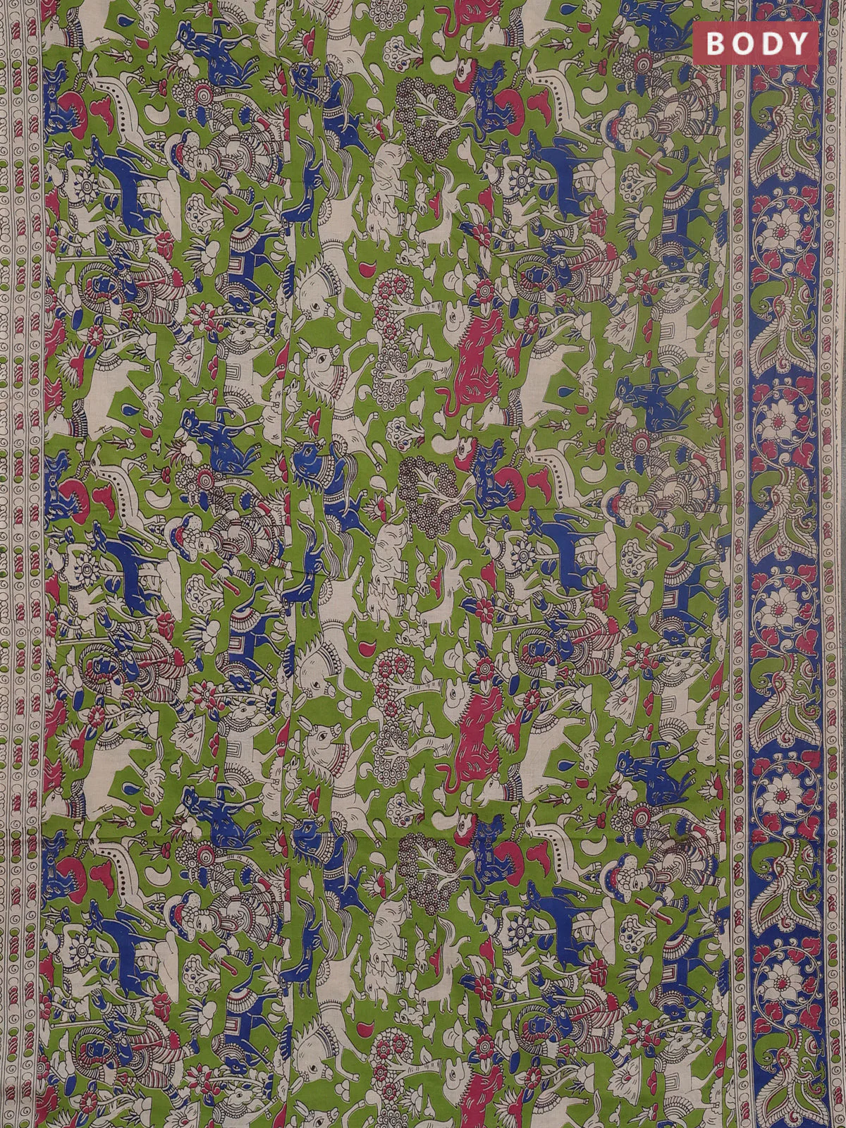 Kalamkari cotton saree light green and blue with allover prints and printed border - Image 2