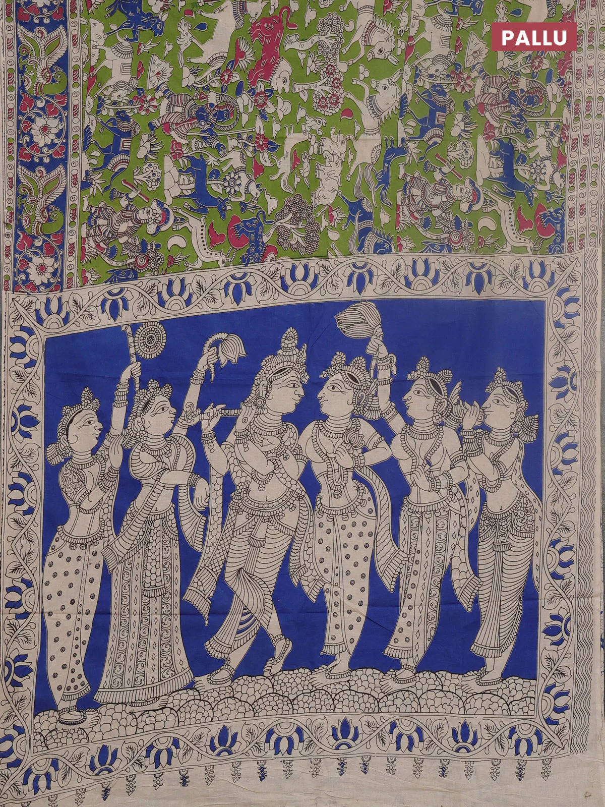 Kalamkari cotton saree light green and blue with allover prints and printed border - Image 3