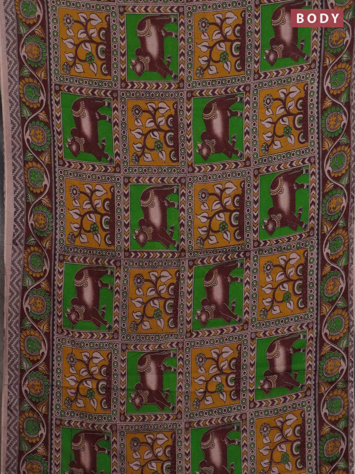 Kalamkari cotton saree light green and brown with allover pichwai prints and printed border - Image 2