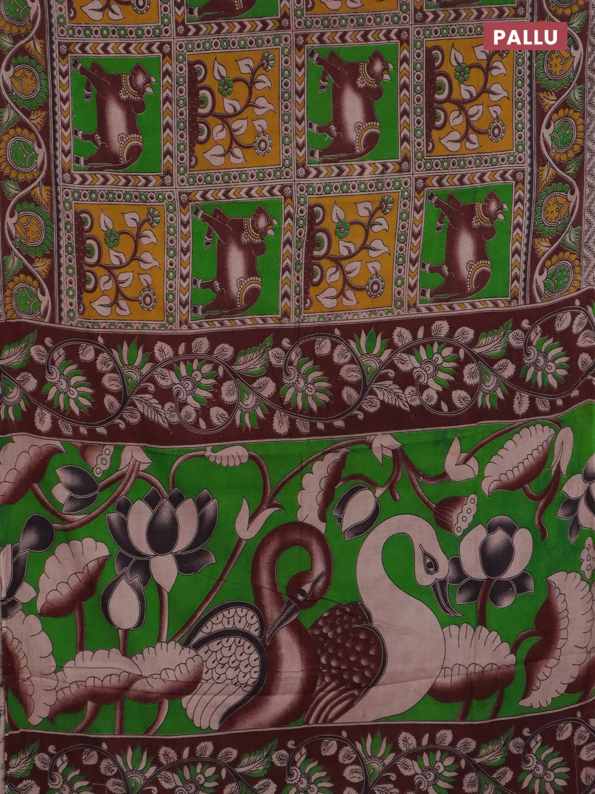 Kalamkari cotton saree light green and brown with allover pichwai prints and printed border - Image 3