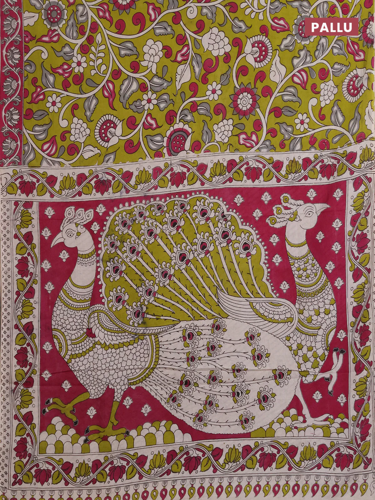 Kalamkari cotton saree light green and magenta pink with allover prints and printed border - Image 3