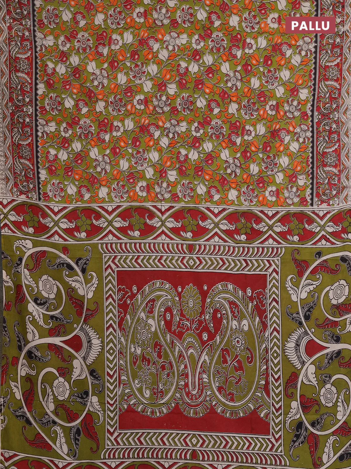 Kalamkari cotton saree light green and maroon with allover prints and printed border - Image 3