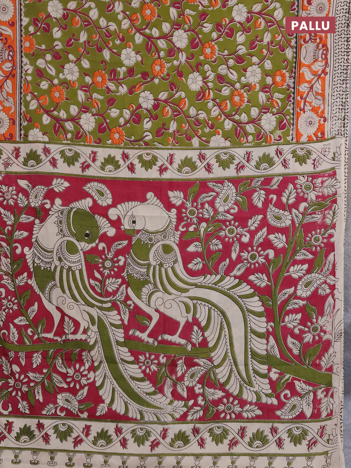 Kalamkari cotton saree light green and orange with allover prints and printed border - Image 3