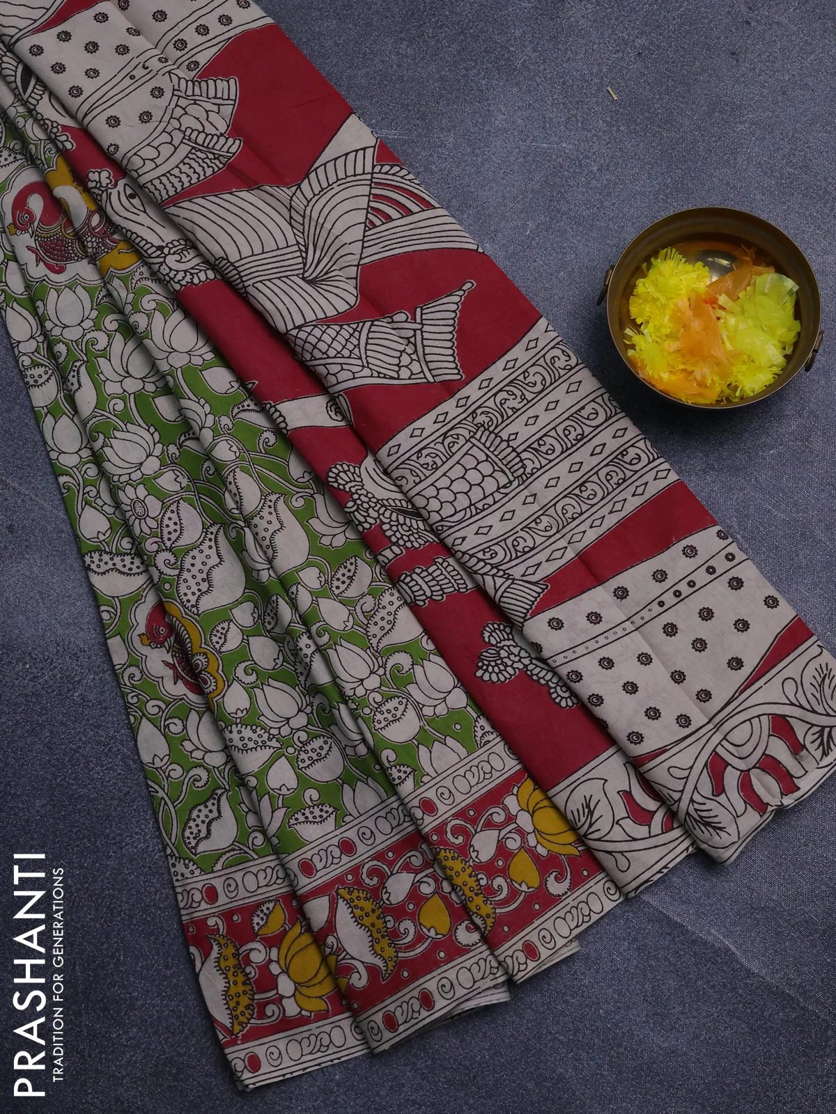 Kalamkari cotton saree light green and pink with allover prints and printed border