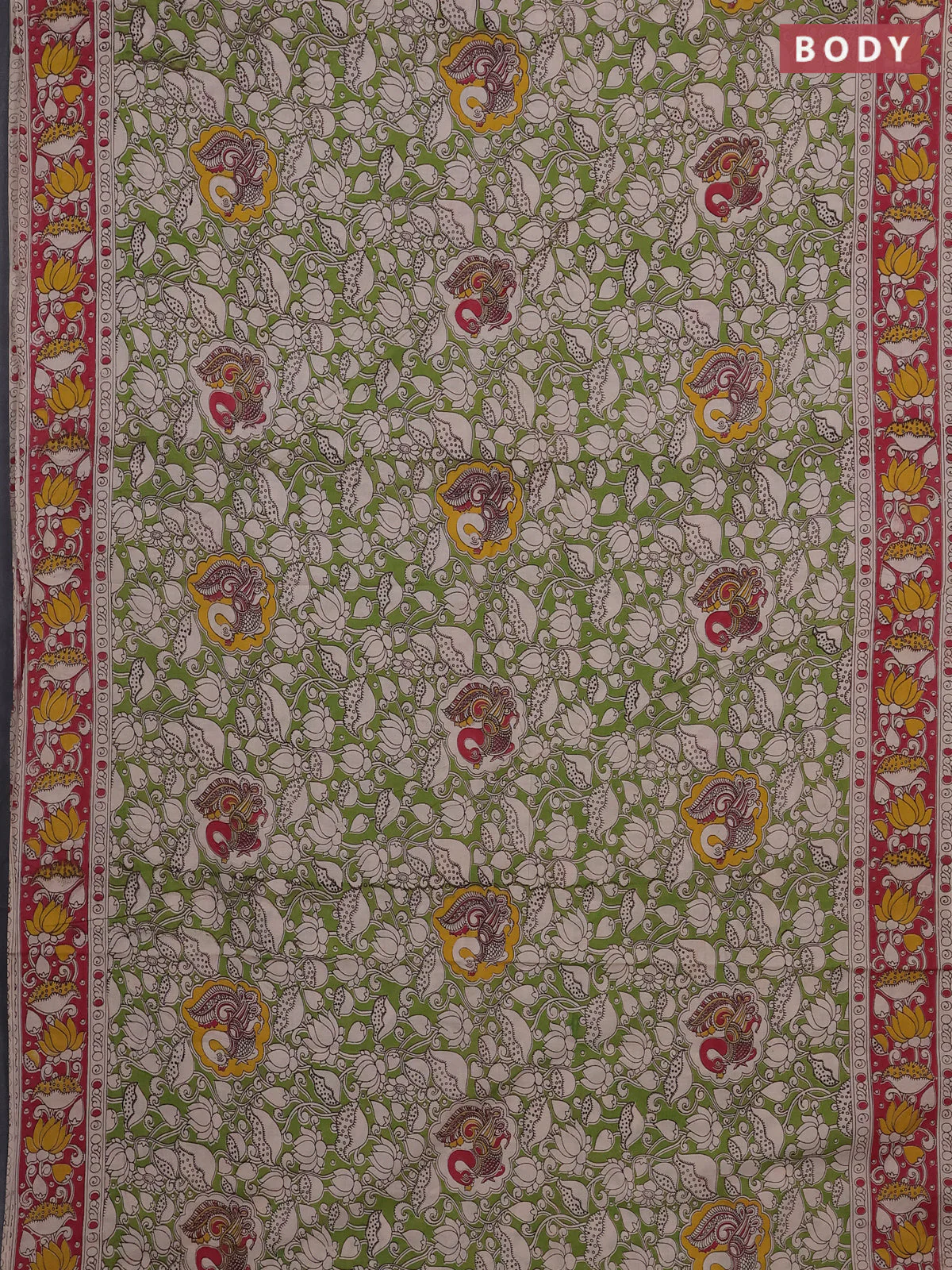Kalamkari cotton saree light green and pink with allover prints and printed border - Image 2