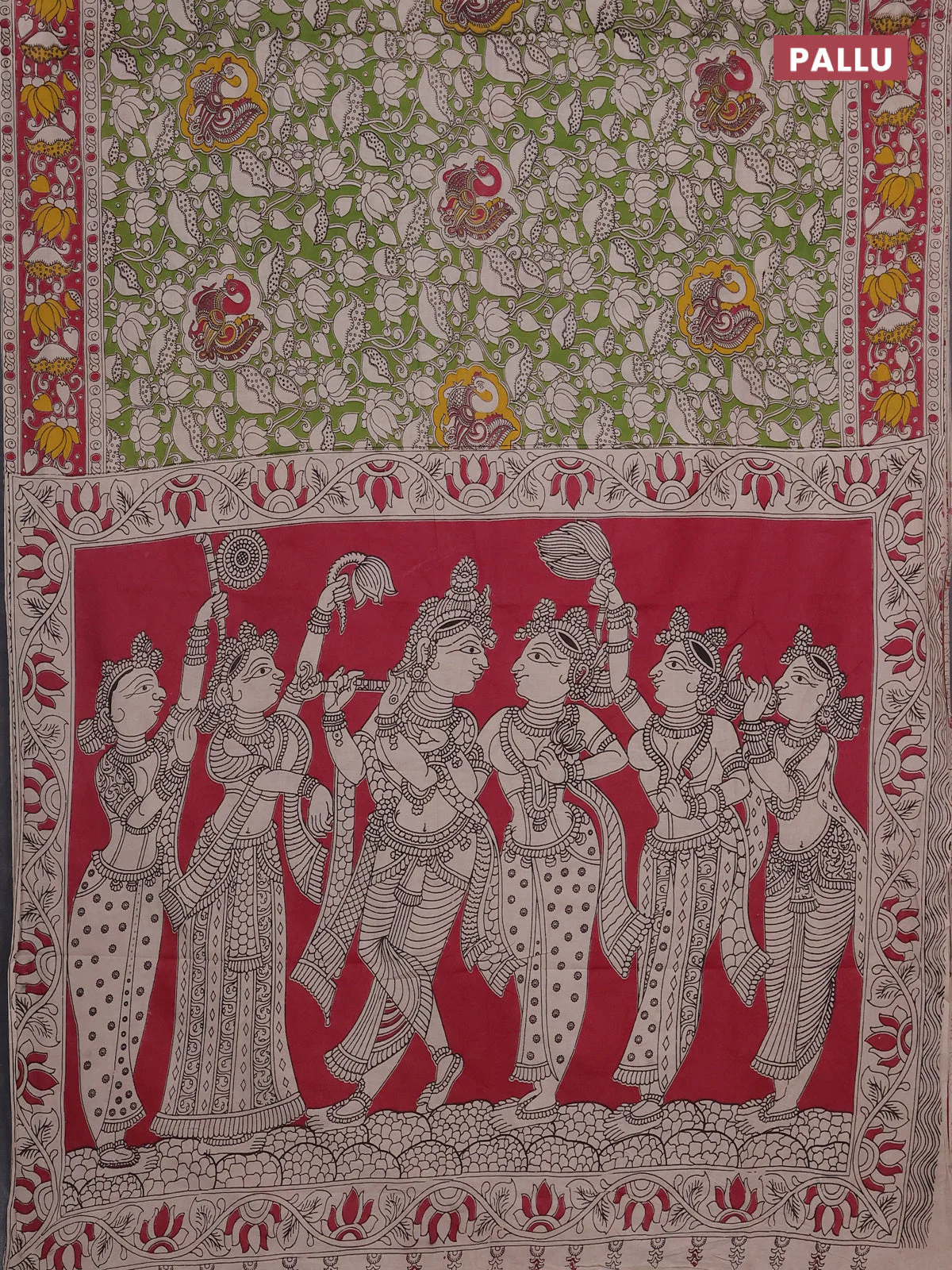 Kalamkari cotton saree light green and pink with allover prints and printed border - Image 3