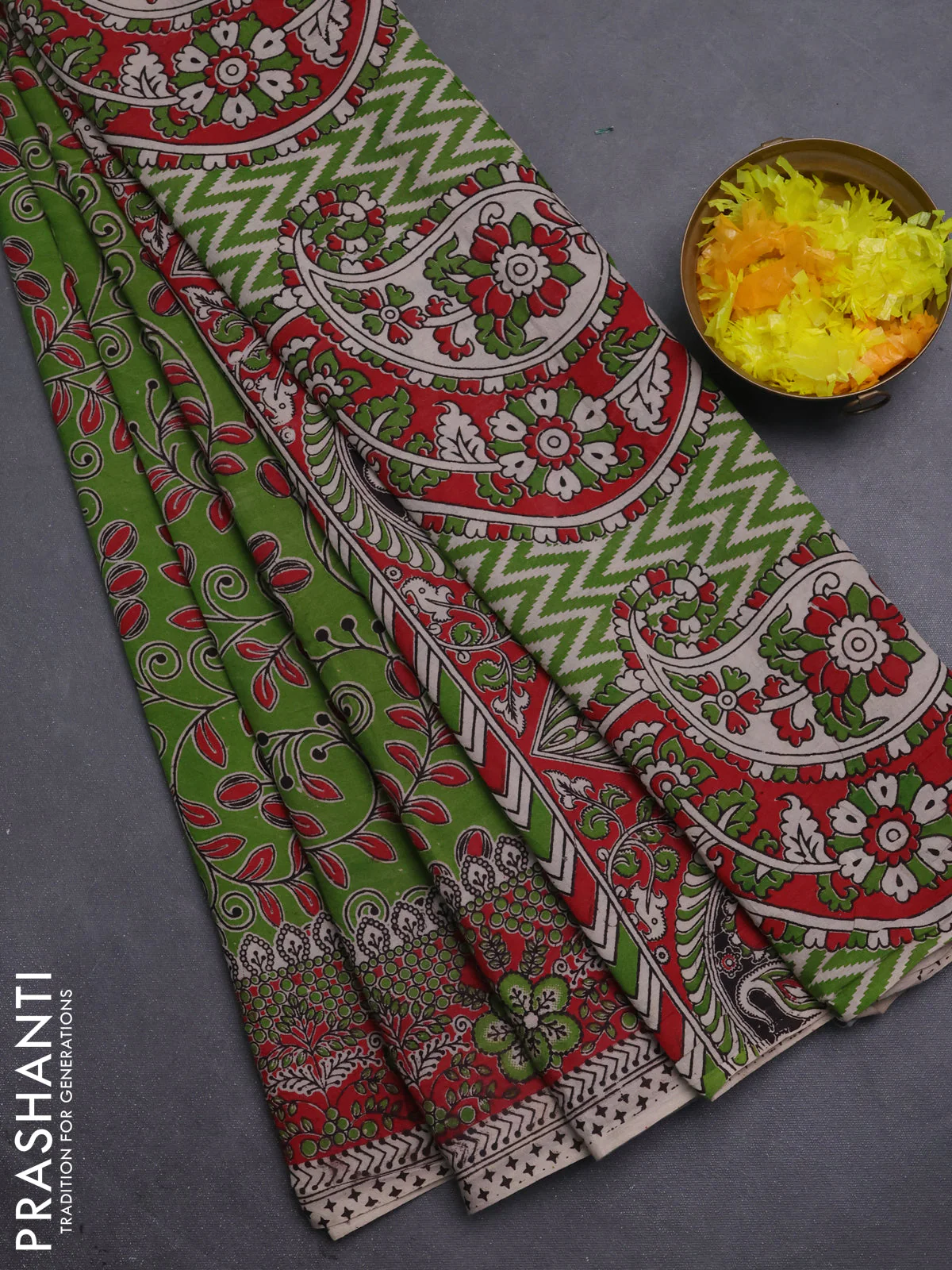 Kalamkari cotton saree light green and red with allover prints and printed border