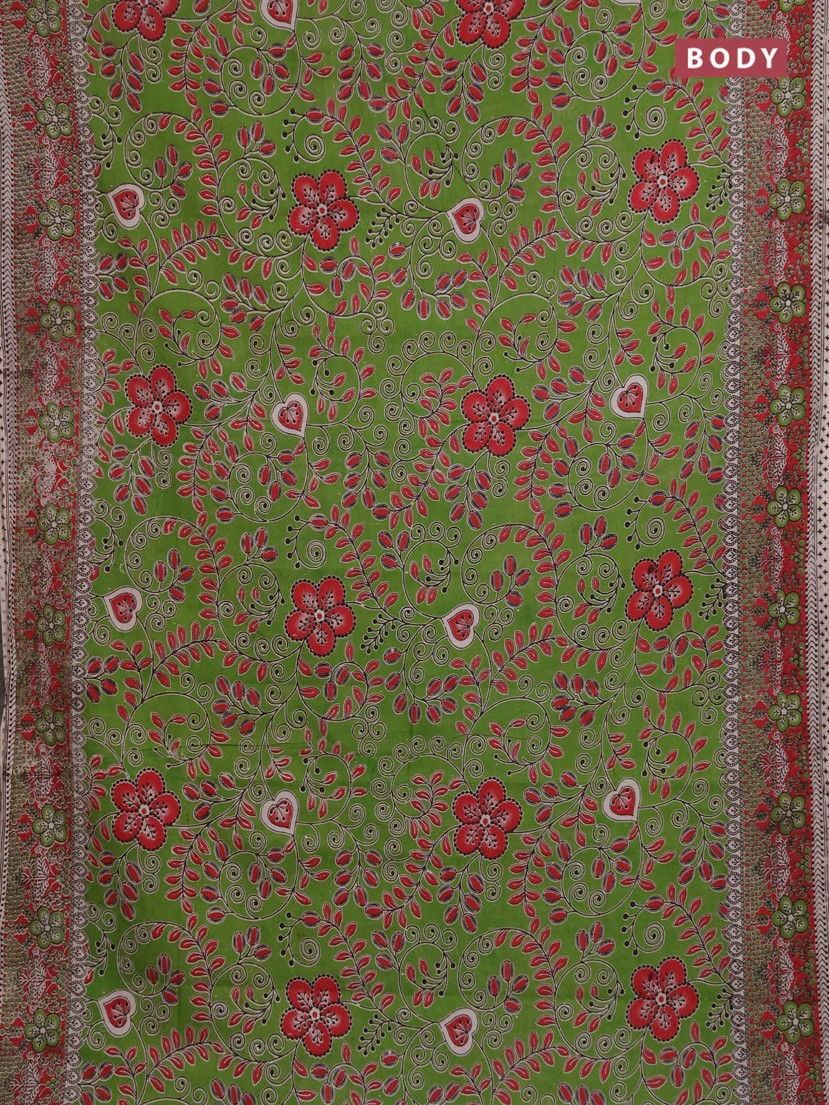 Kalamkari cotton saree light green and red with allover prints and printed border - Image 2