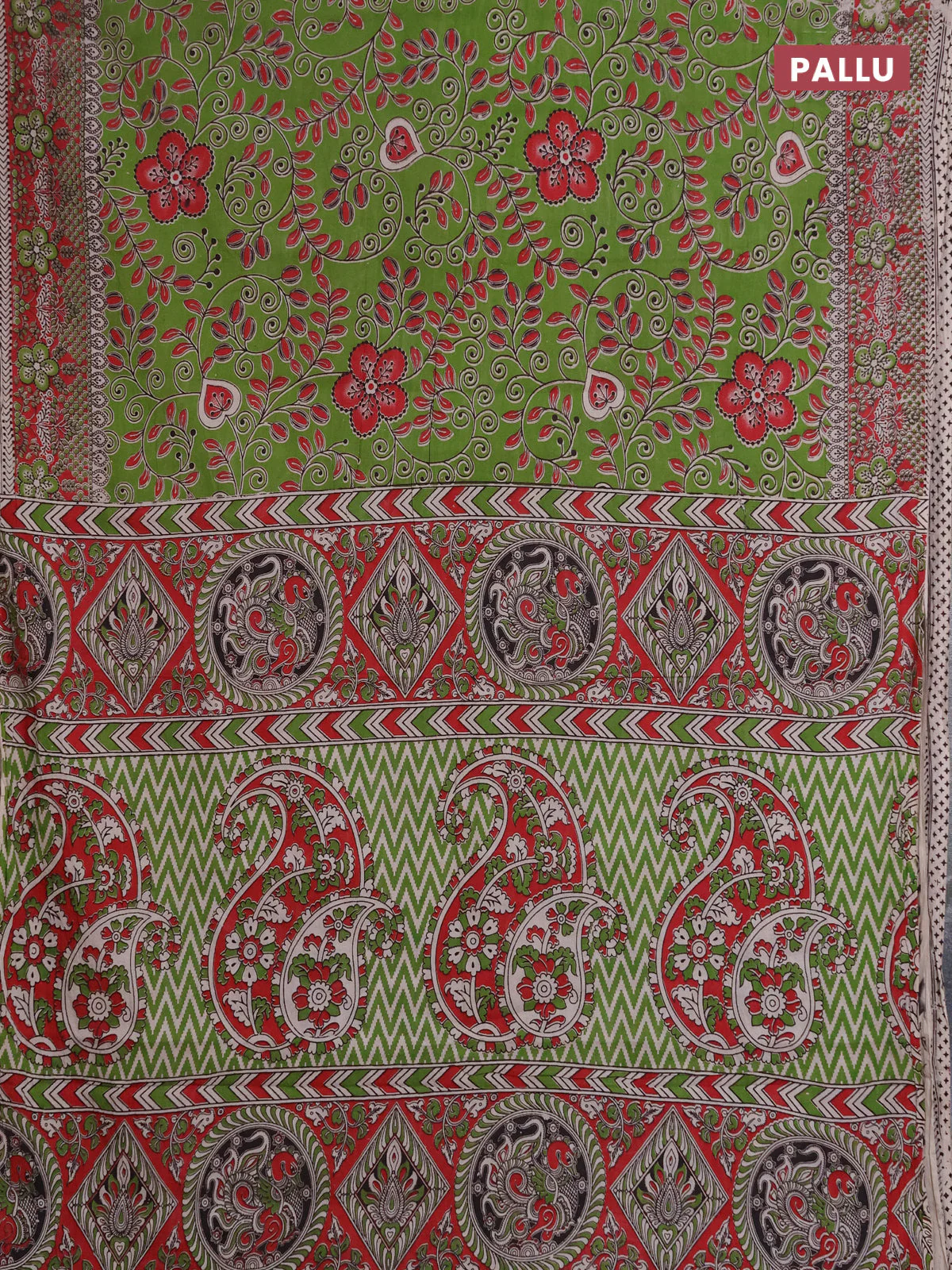 Kalamkari cotton saree light green and red with allover prints and printed border - Image 3