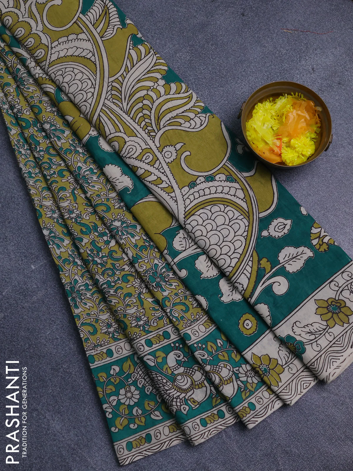 Kalamkari cotton saree light green and teal green with allover prints and printed border