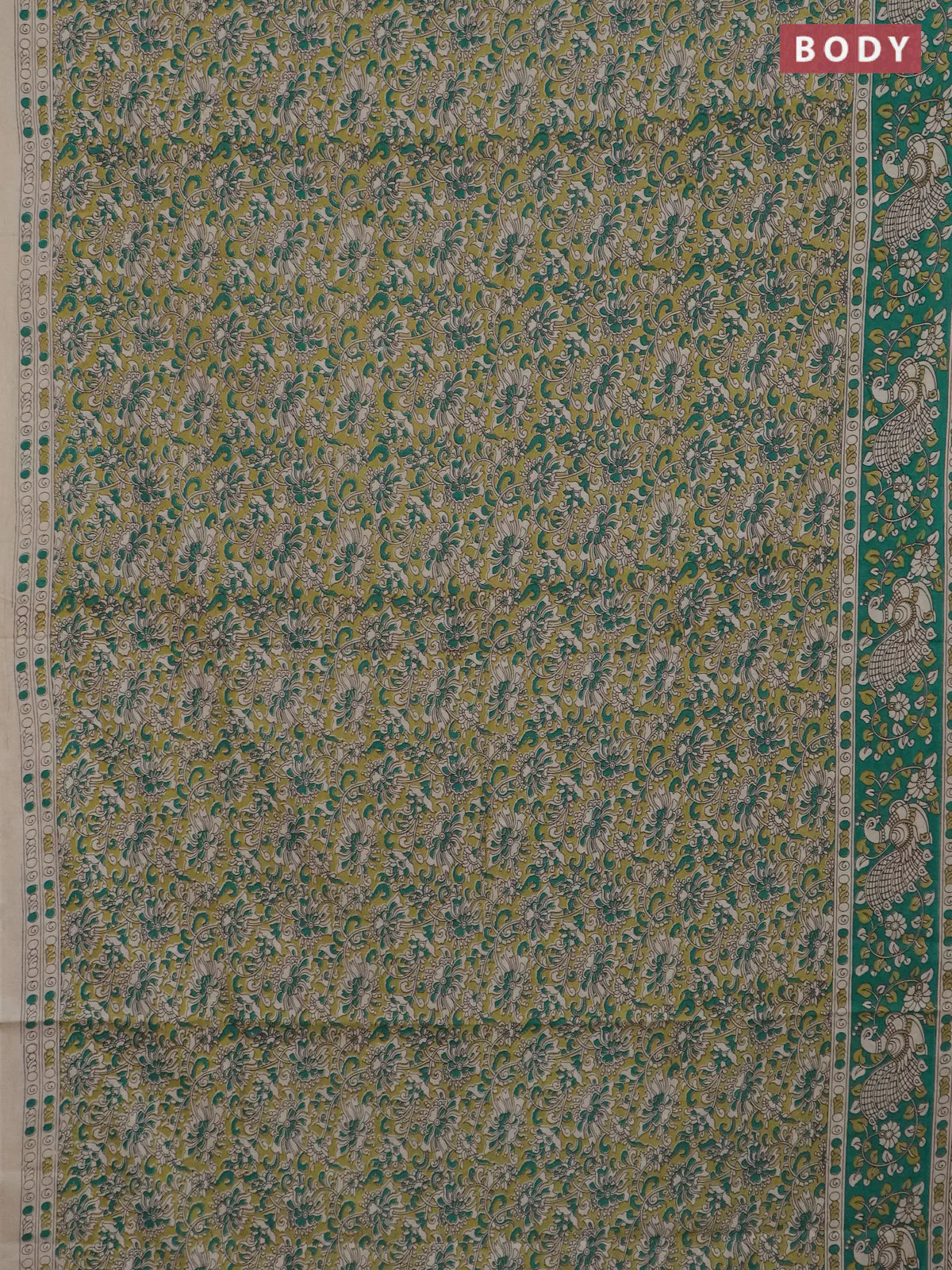 Kalamkari cotton saree light green and teal green with allover prints and printed border - Image 2