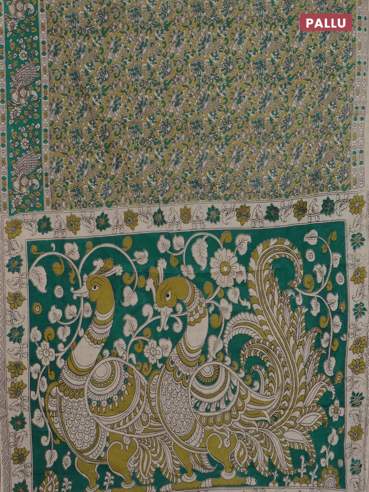 Kalamkari cotton saree light green and teal green with allover prints and printed border - Image 3