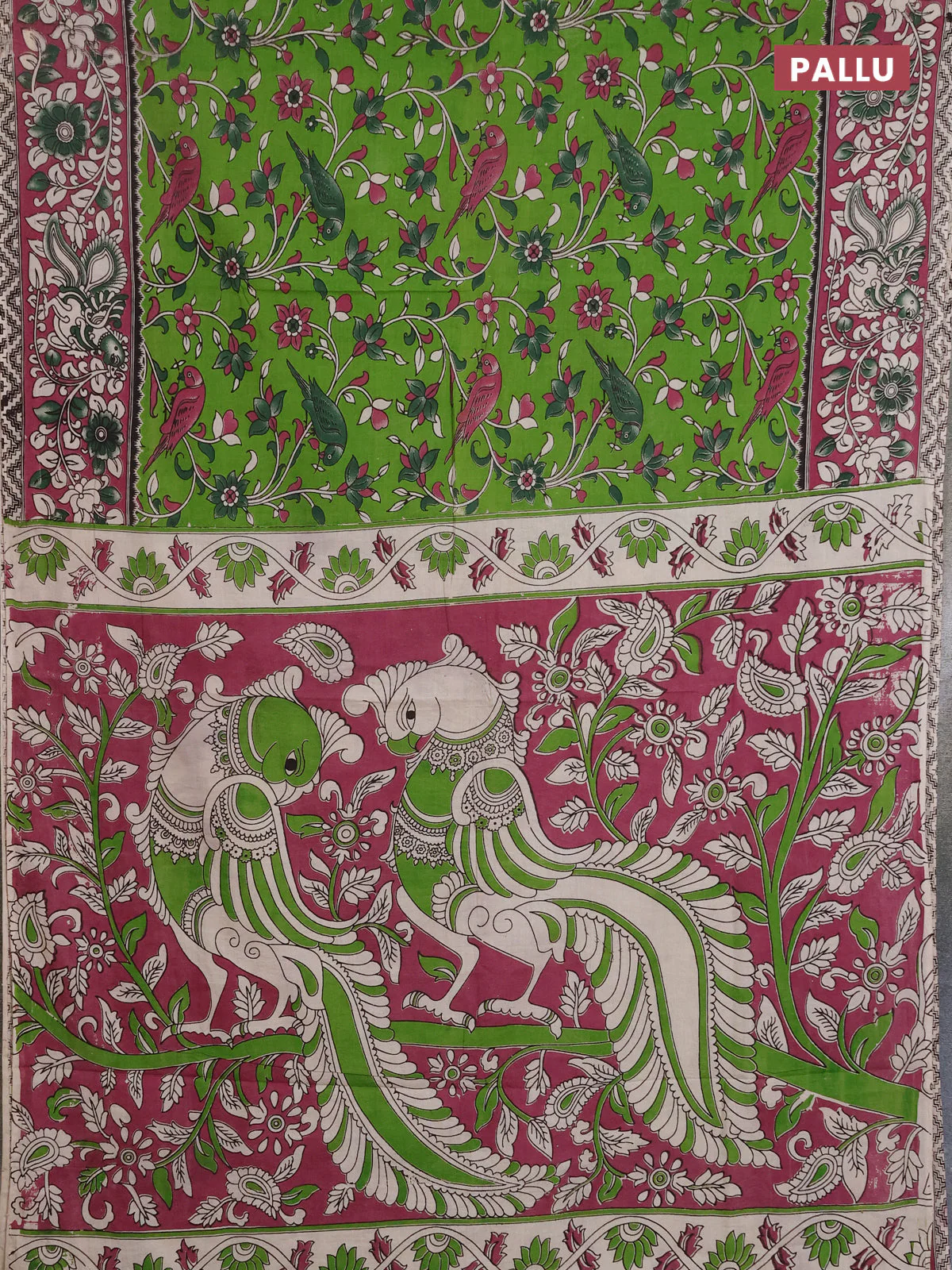Kalamkari cotton saree light green and wine shade with allover prints and printed border - Image 3
