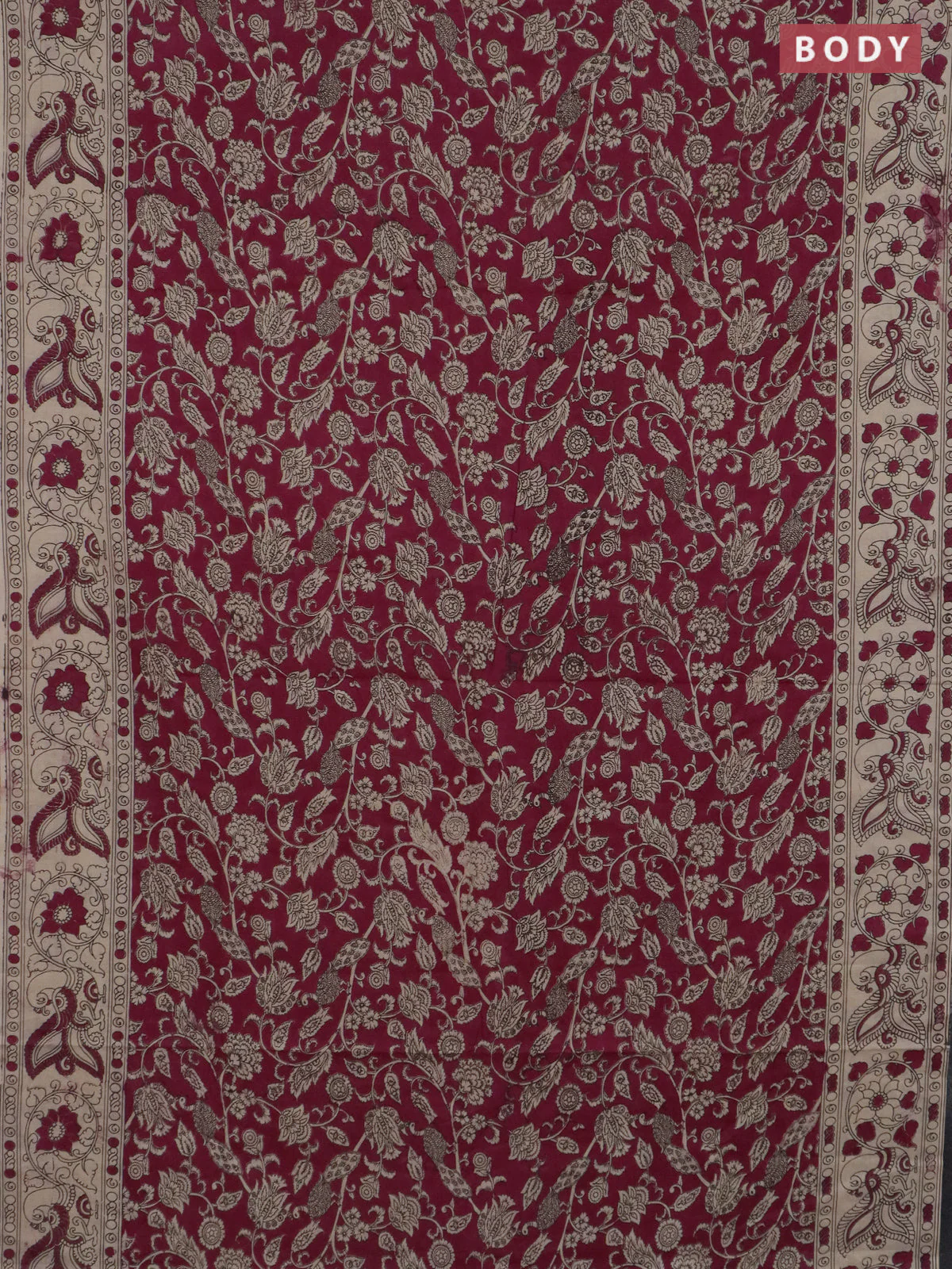 Kalamkari cotton saree magenta pink and beige with allover prints and printed border - Image 2