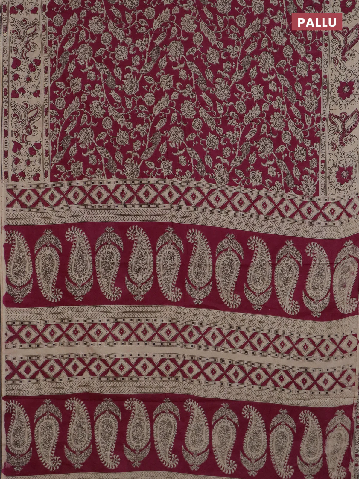 Kalamkari cotton saree magenta pink and beige with allover prints and printed border - Image 3
