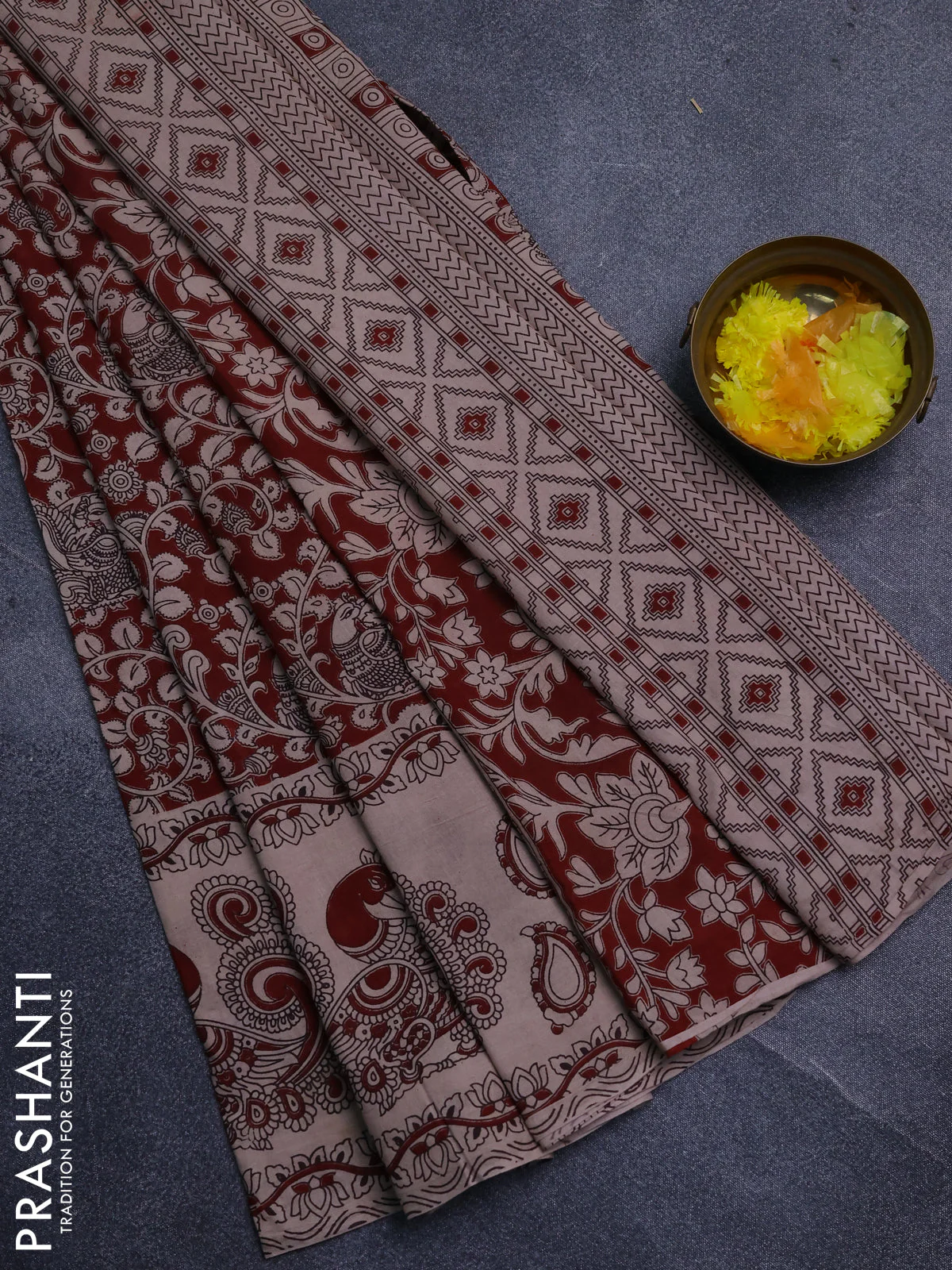 Kalamkari cotton saree maroon and beige with allover prints and long printed border