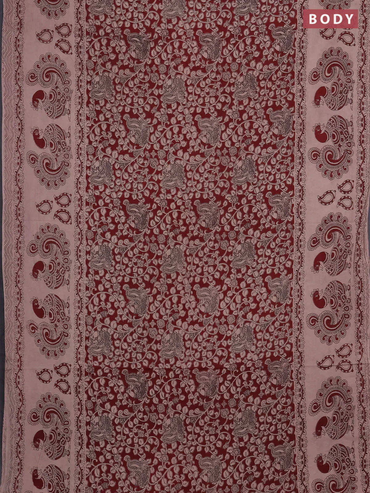 Kalamkari cotton saree maroon and beige with allover prints and long printed border - Image 2