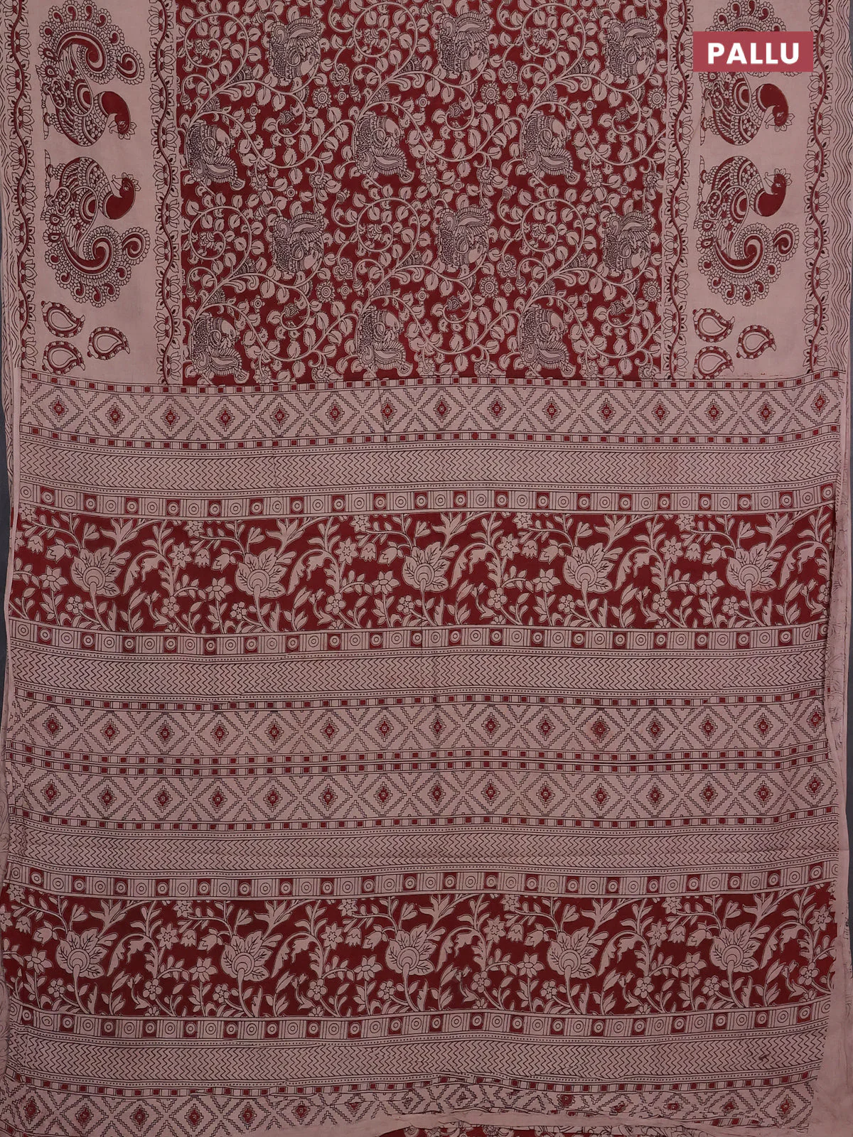 Kalamkari cotton saree maroon and beige with allover prints and long printed border - Image 3