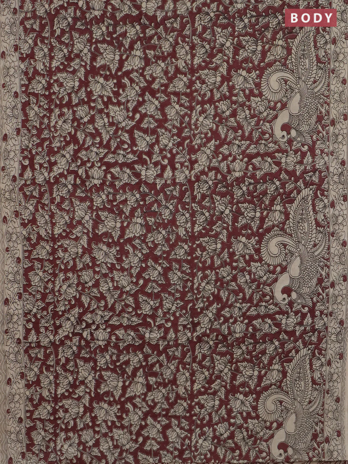 Kalamkari cotton saree maroon and beige with allover prints and printed border - Image 2