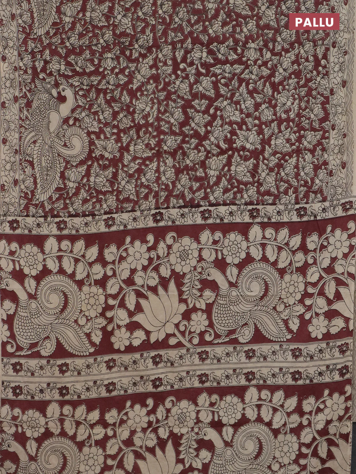 Kalamkari cotton saree maroon and beige with allover prints and printed border - Image 3