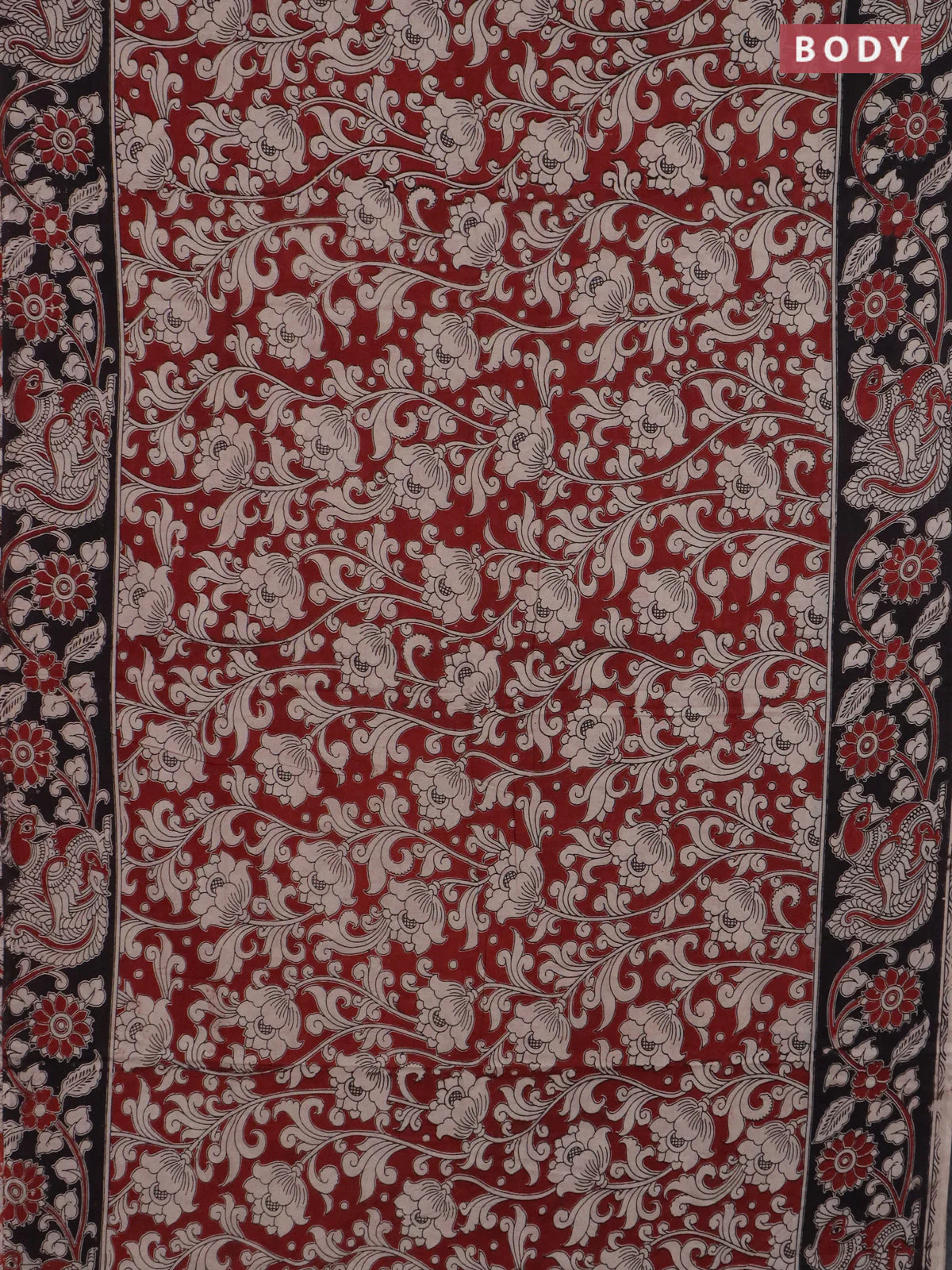 Kalamkari cotton saree maroon and black with allover prints and printed border - Image 2