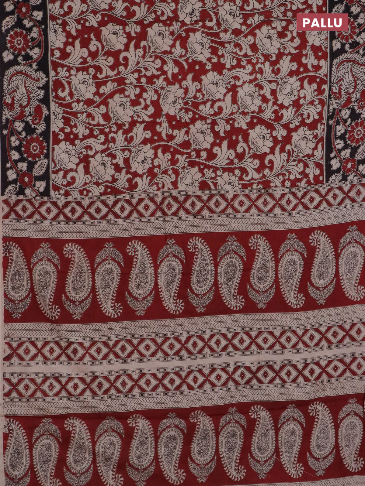 Kalamkari cotton saree maroon and black with allover prints and printed border - Image 3