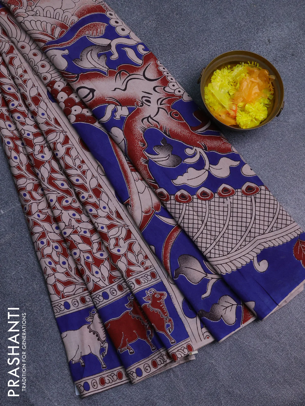 Kalamkari cotton saree maroon and blue with allover prints and pichwai border