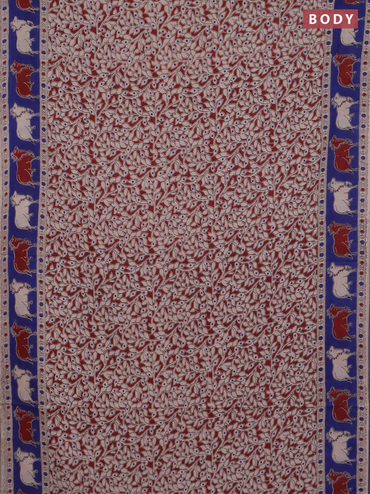 Kalamkari cotton saree maroon and blue with allover prints and pichwai border - Image 2