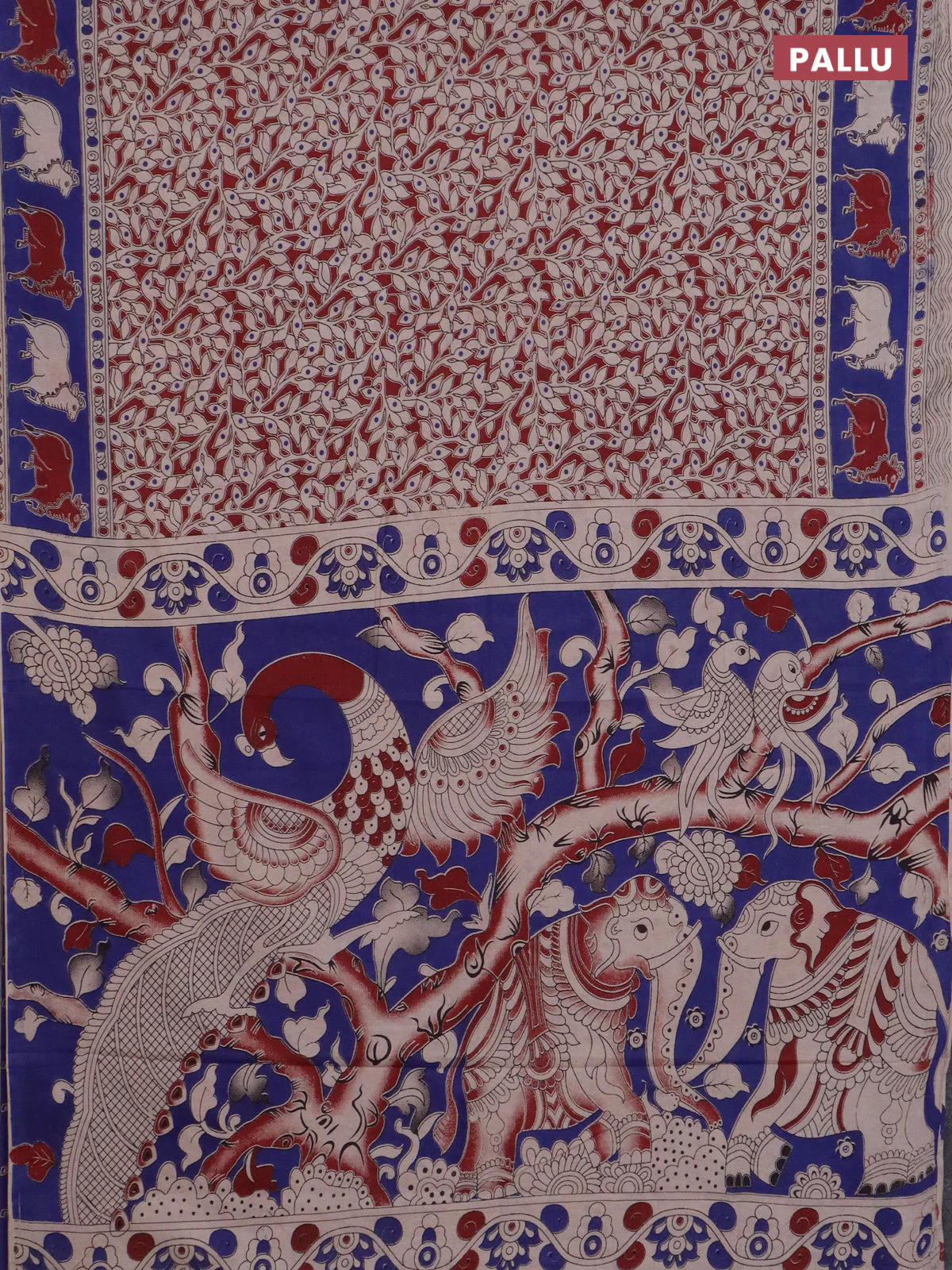 Kalamkari cotton saree maroon and blue with allover prints and pichwai border - Image 3