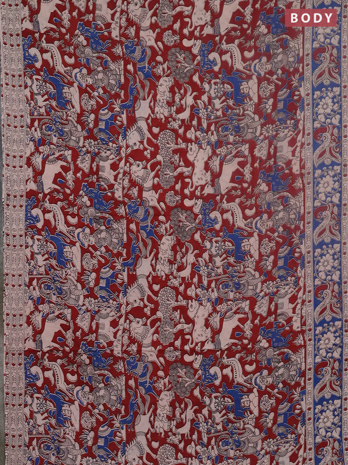 Kalamkari cotton saree maroon and blue with allover prints and printed border - Image 2