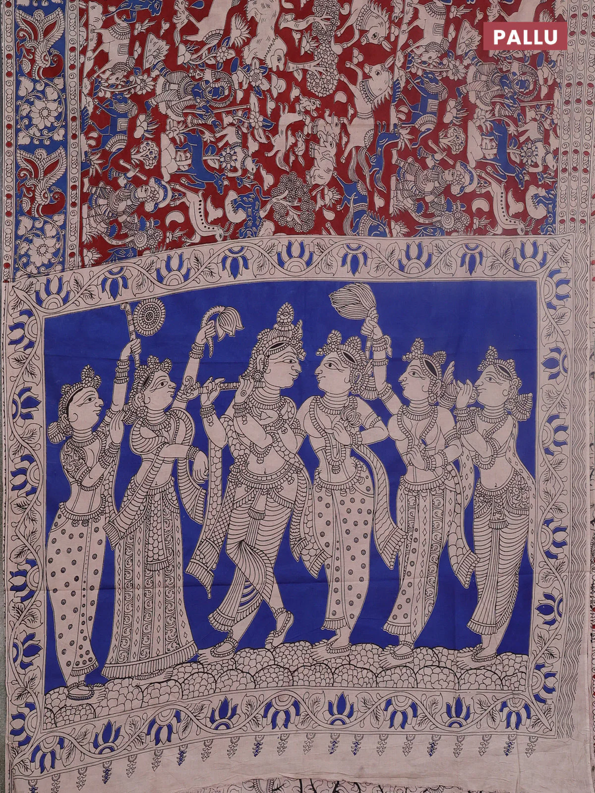 Kalamkari cotton saree maroon and blue with allover prints and printed border - Image 3