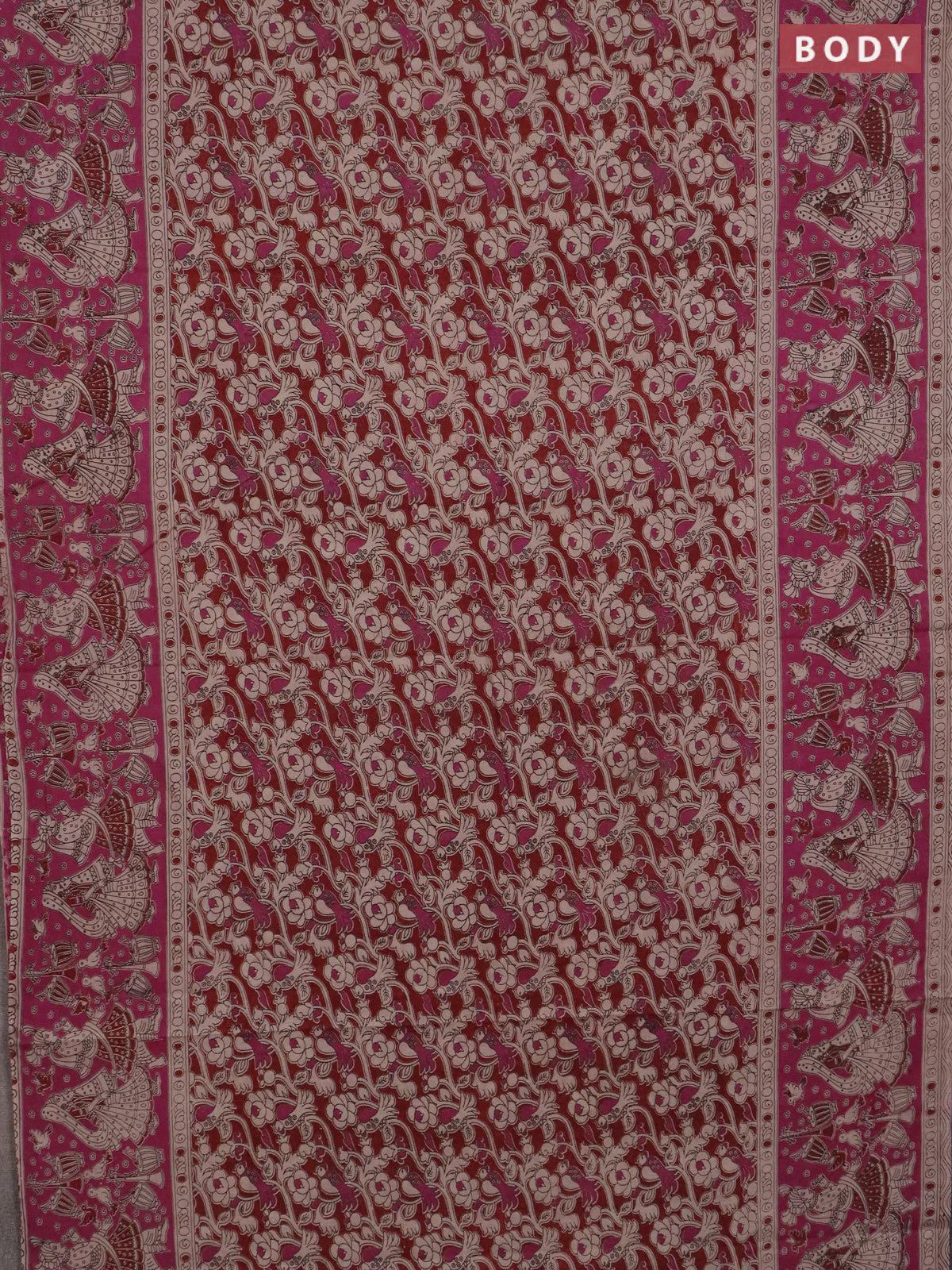 Kalamkari cotton saree maroon and magenta pink with allover prints and long printed border - Image 2