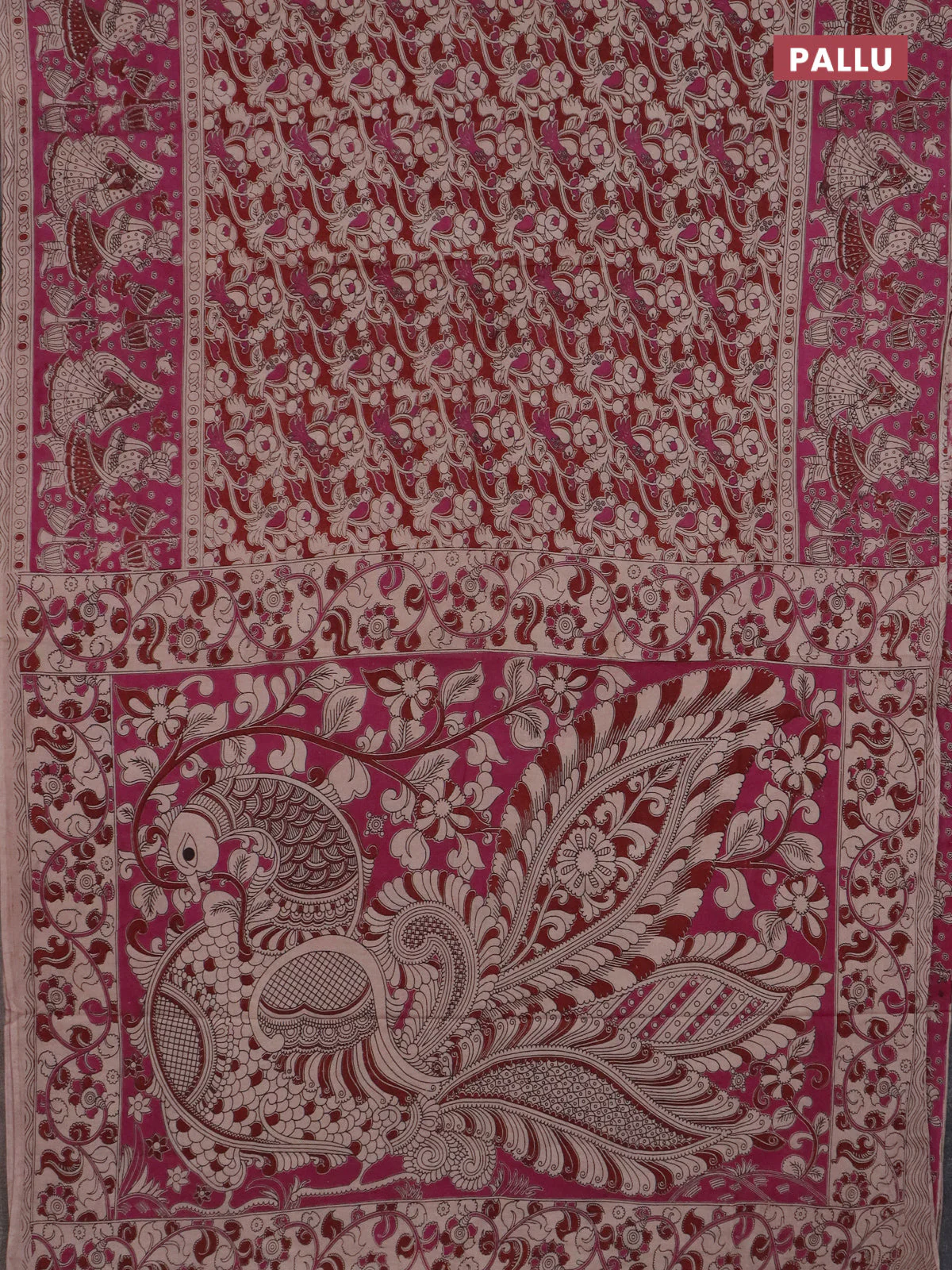 Kalamkari cotton saree maroon and magenta pink with allover prints and long printed border - Image 3