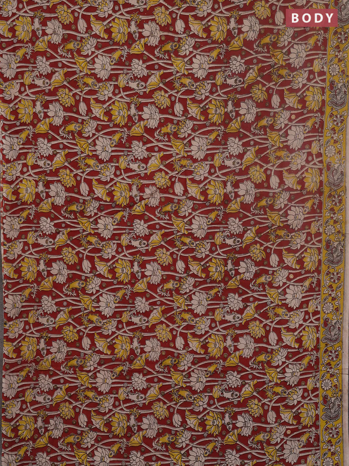 Kalamkari cotton saree maroon and yellow with allover prints and printed border - Image 2