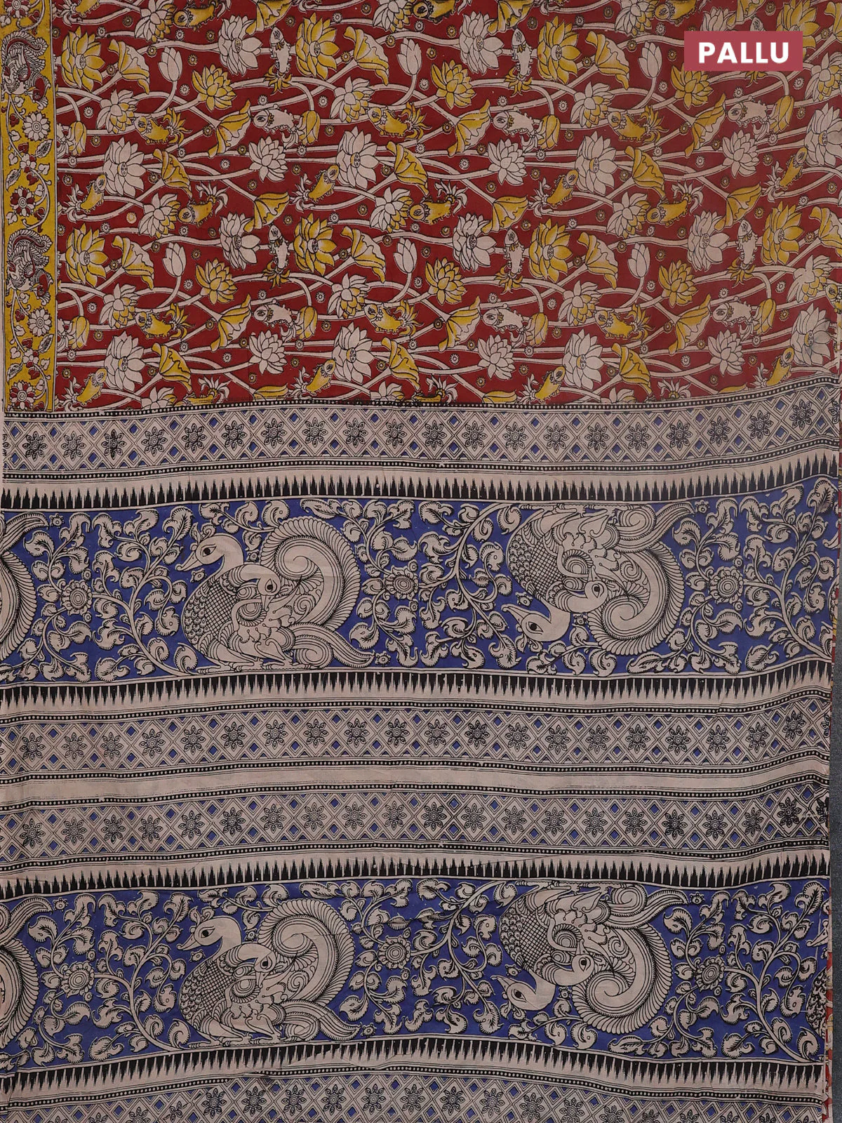Kalamkari cotton saree maroon and yellow with allover prints and printed border - Image 3