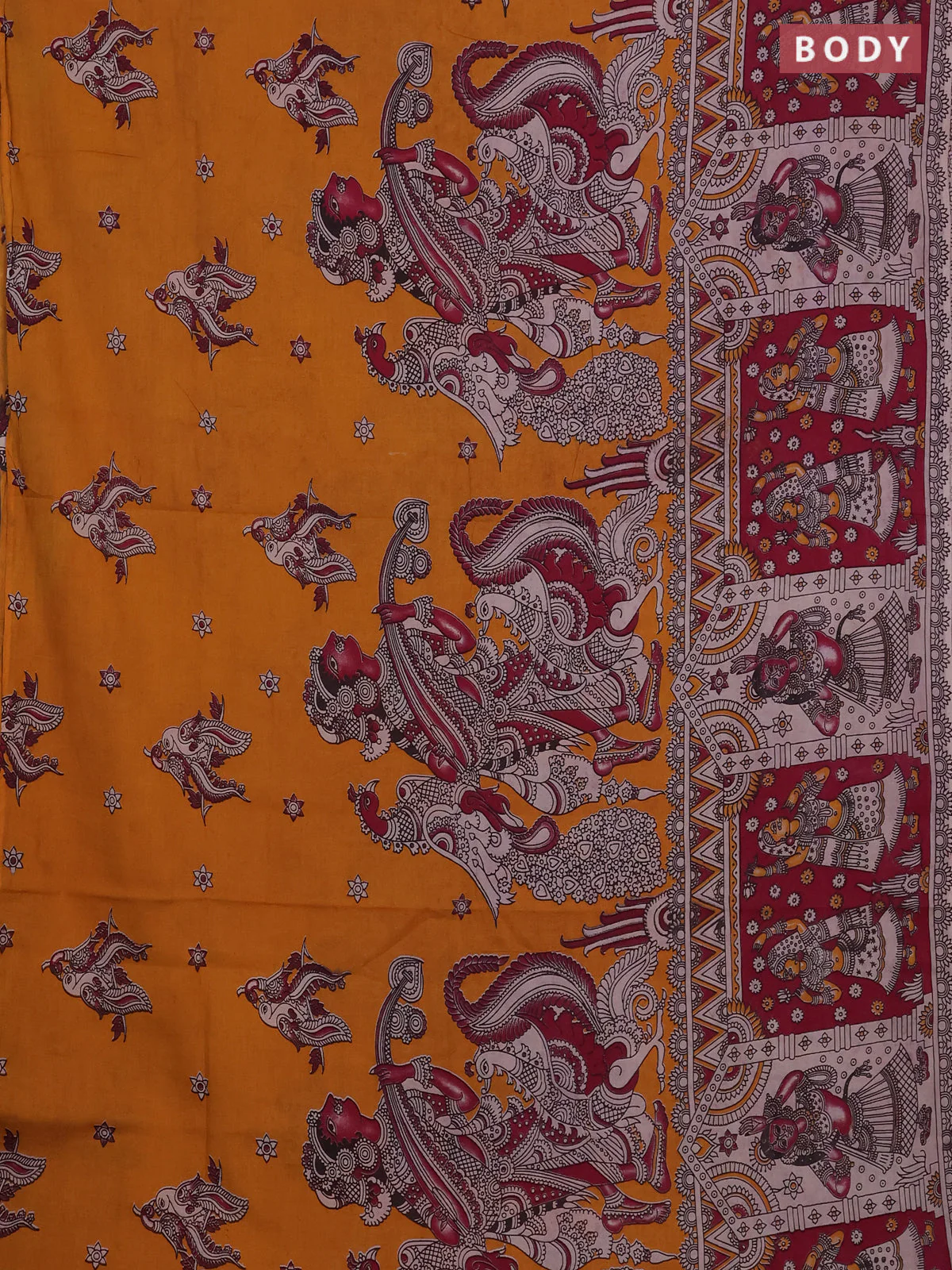 Kalamkari cotton saree mustard yellow and magenta pink with allover prints and long printed border - Image 2
