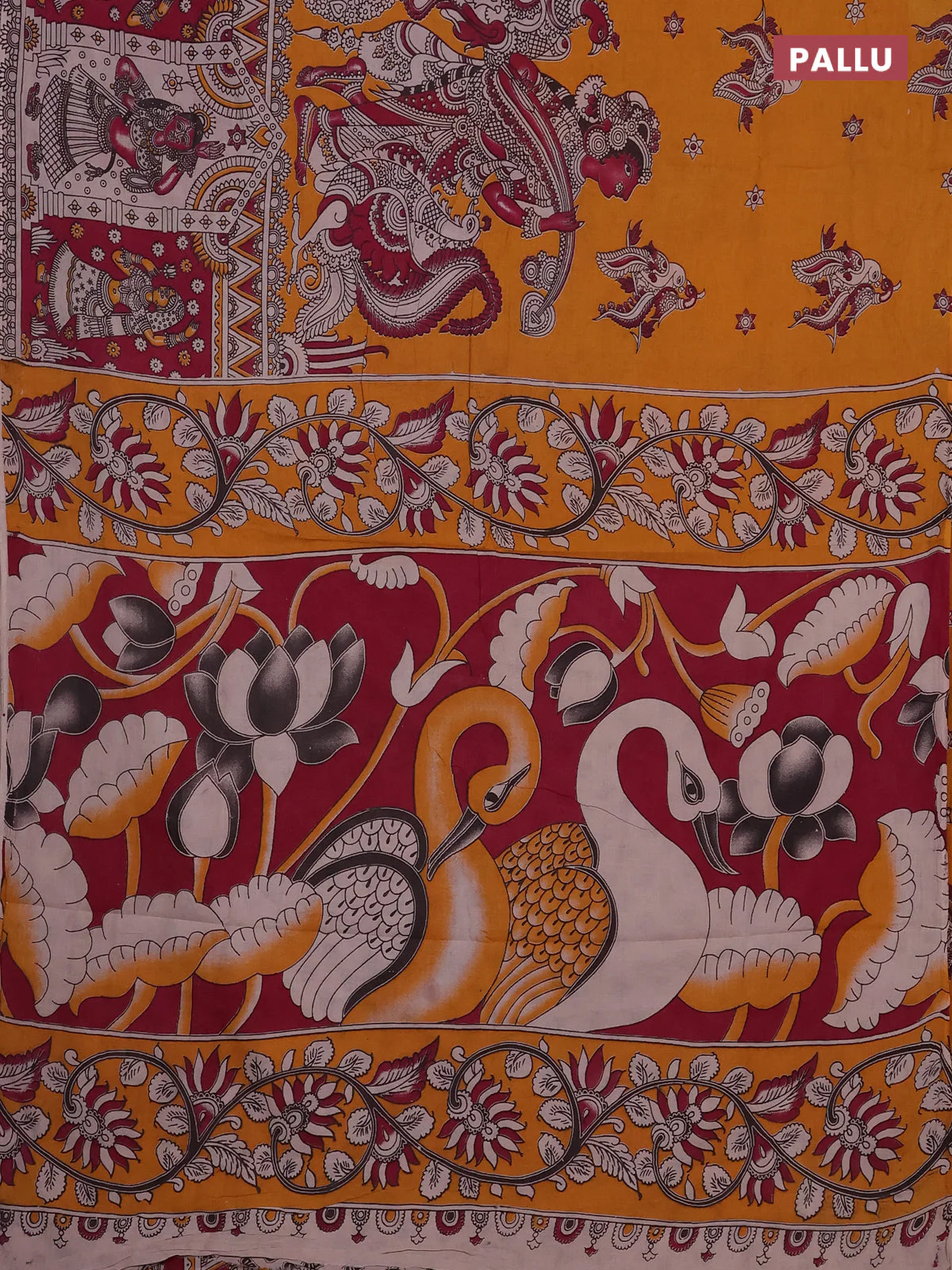 Kalamkari cotton saree mustard yellow and magenta pink with allover prints and long printed border - Image 3