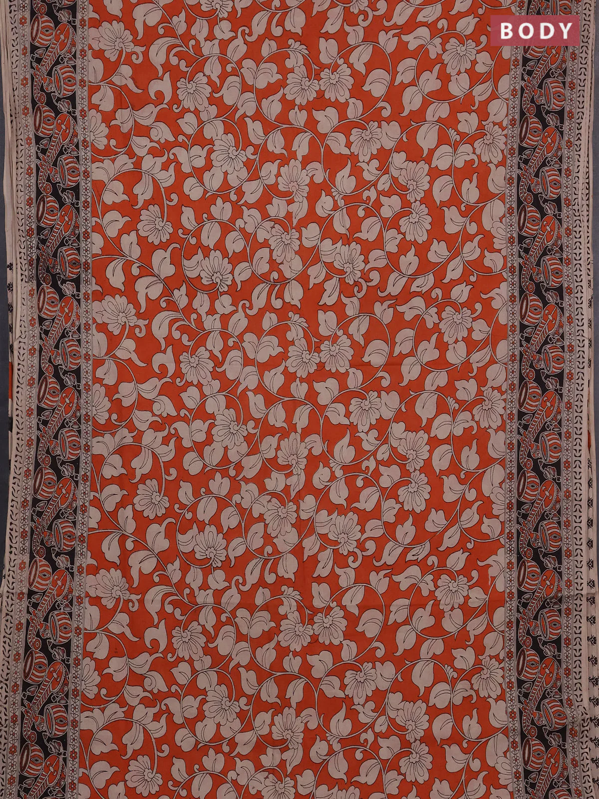 Kalamkari cotton saree orange and black with allover prints and printed border - Image 2
